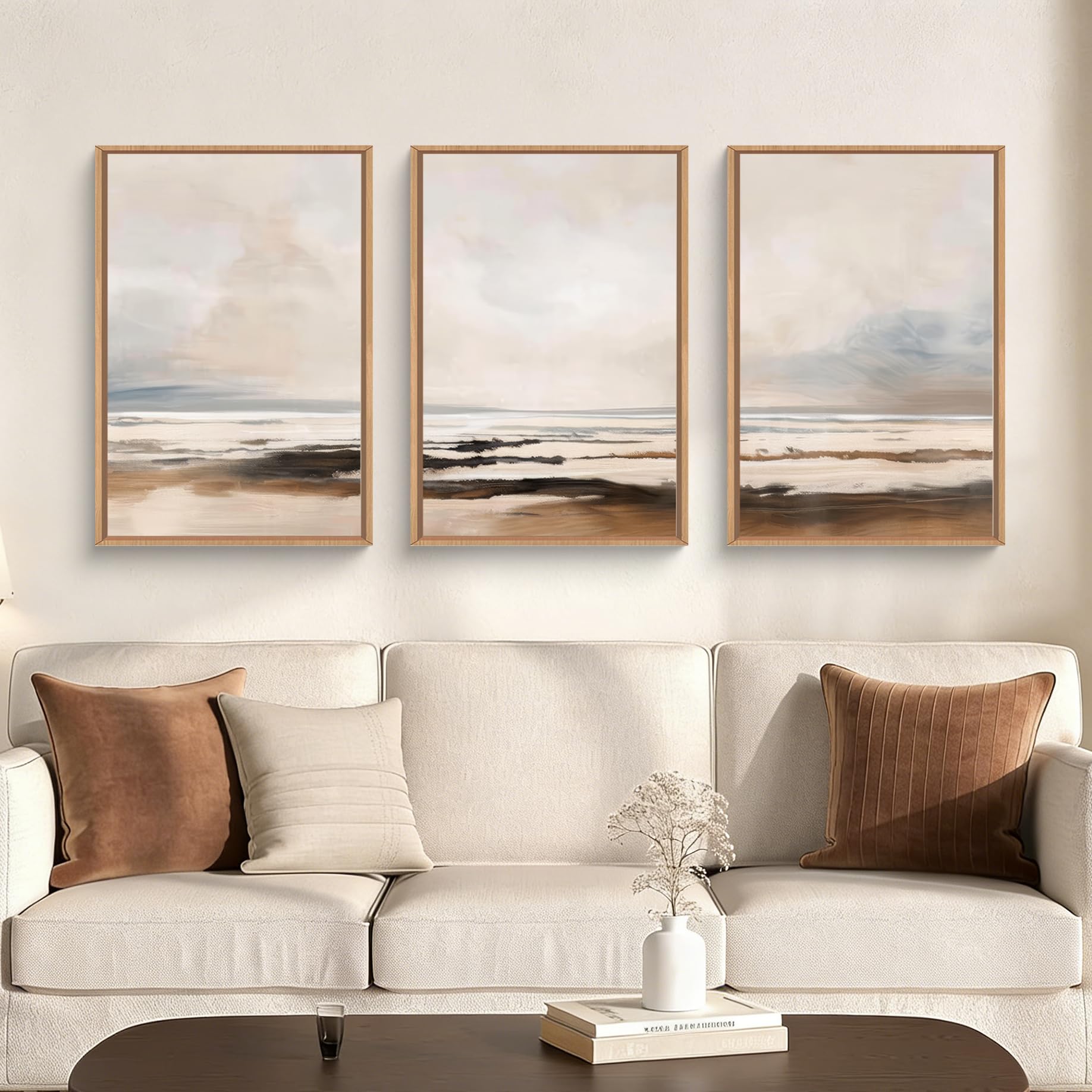 HOURIA Abstract Neutral Vintage Earth Tone Framed Canvas Wall Art Set,Modern Minimalist Rustic Brown Beige Wall Decor,Wabi Sabi Textured Brushstroke Artwork for Living Room,Bedroom,Farmhouse-24"x36"x3