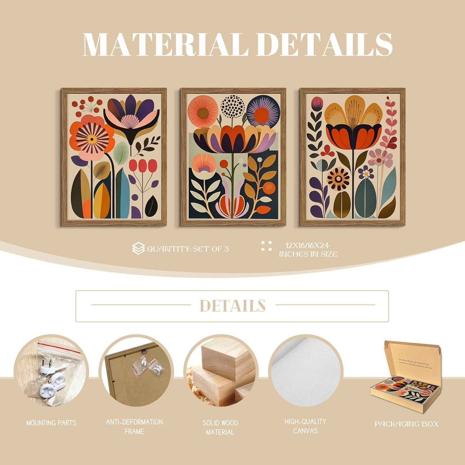 Framed Colorful Floral Wall Art Set of 3, Abstract Scandinavian Flower Canvas Wall Decor Paintings, Mid Century Modern Botanical Artwork Pictures Prints for Living Room Bedroom Dining Room 16x24 Inch