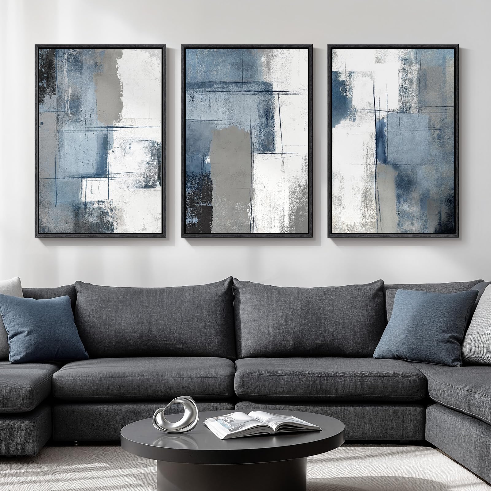Large Framed Blue and Neutral Abstract Wall Art for Living Room, 3 Piece Modern Canvas Prints Paintings Artwork for Walls, Minimalist Pictures for Bedroom Dining Room Hallway Wall Decor 24x36 Inch