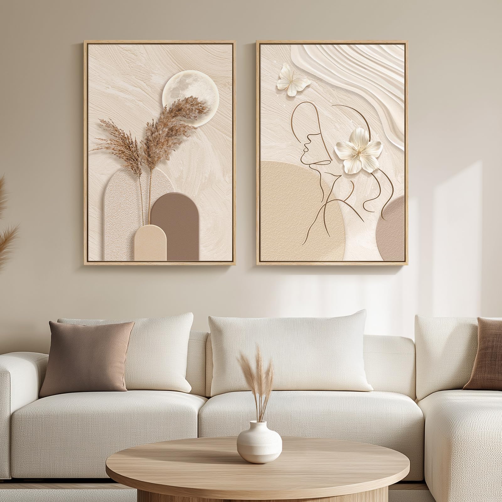 Framed Neutral Abstract Landscape Wall Art for Living Room, Large Set of 2 Minimalist Tree Canvas Artwork for Walls, Modern Nature Scenic Paintings Prints Wall Decor for Bedroom Home Office, 20x30 In