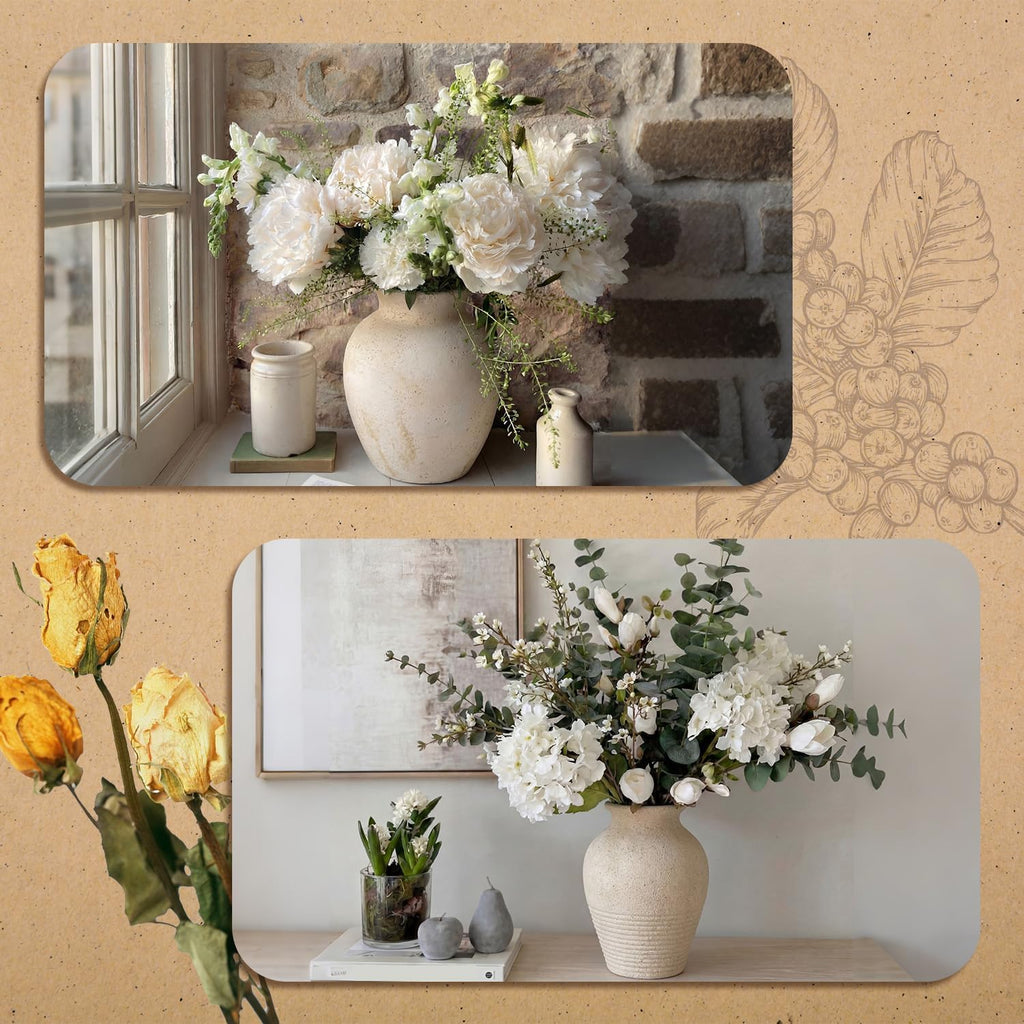 2 Pcs Rustic Farmhouse Vase Terracotta Clay Vase White Pottery Decorative Flower Pot Vintage Decor for Table, Living Room, Shelf, Mantel Decoration