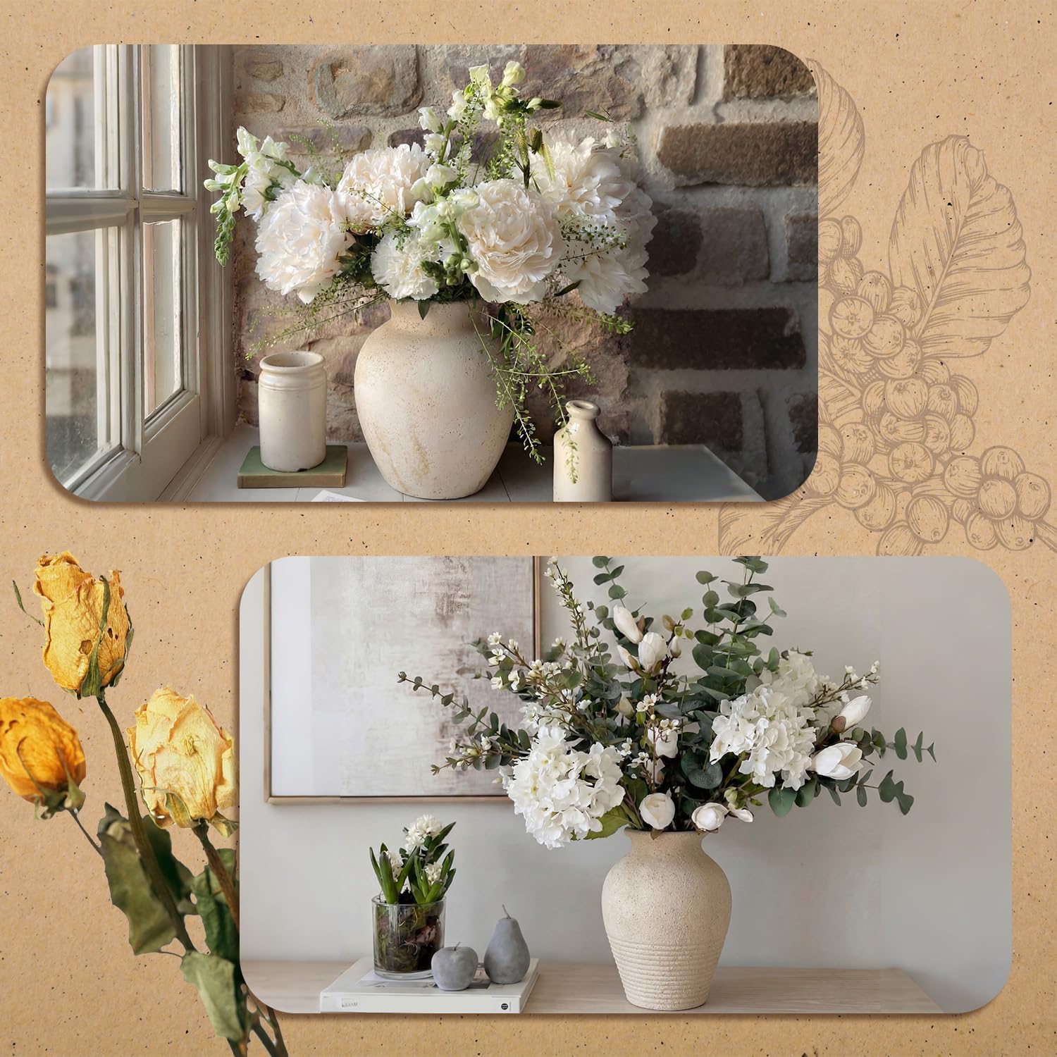2 Pcs Rustic Farmhouse Vase Terracotta Clay Vase White Pottery Decorative Flower Pot Vintage Decor for Table, Living Room, Shelf, Mantel Decoration