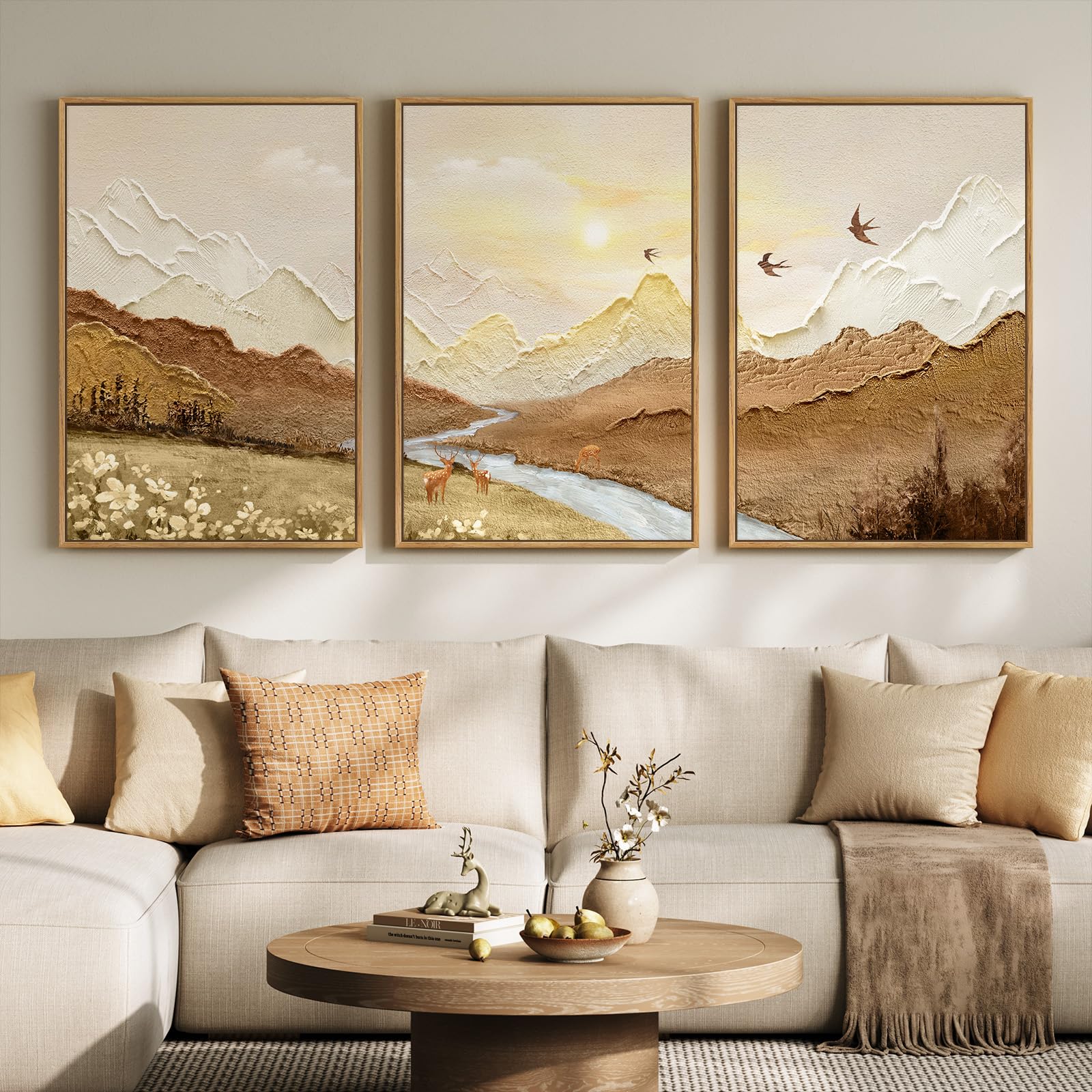 Large Framed Neutral Abstract Landscape Set of 3 Living Room Wall Art, Modern Misty Pine Forest Canvas Artwork for Walls, Beige Rustic Farmhouse Nature Wall Decor for Bedroom Hallway Office, 24x36 In