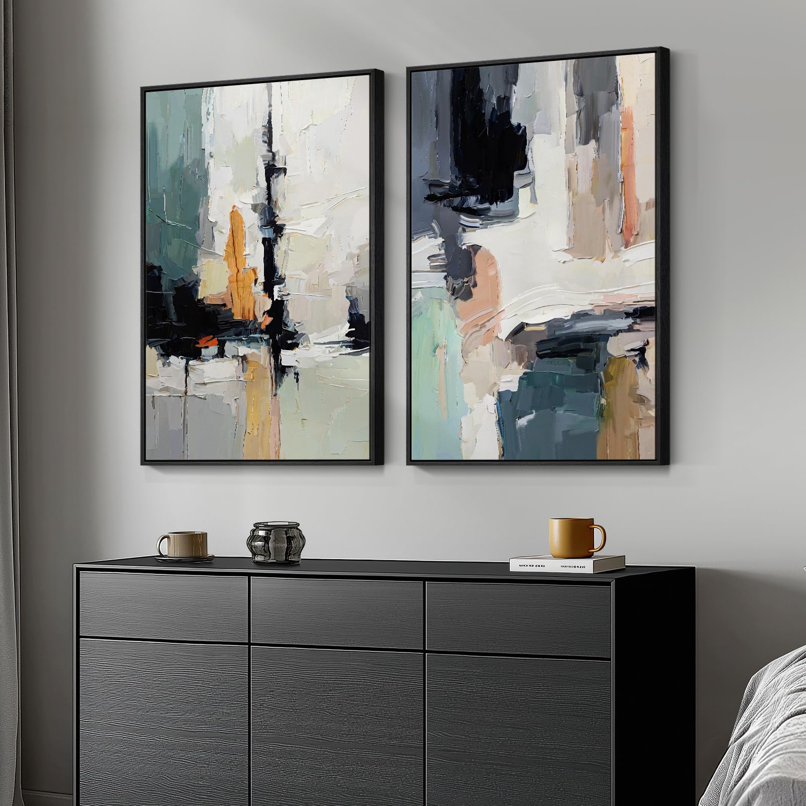 24x36 Inch 2-Piece Framed Black Beige Abstract Canvas Prints, Minimalist Black White Wall Art Decor for Living Room, Dining, Hallway & Bedroom