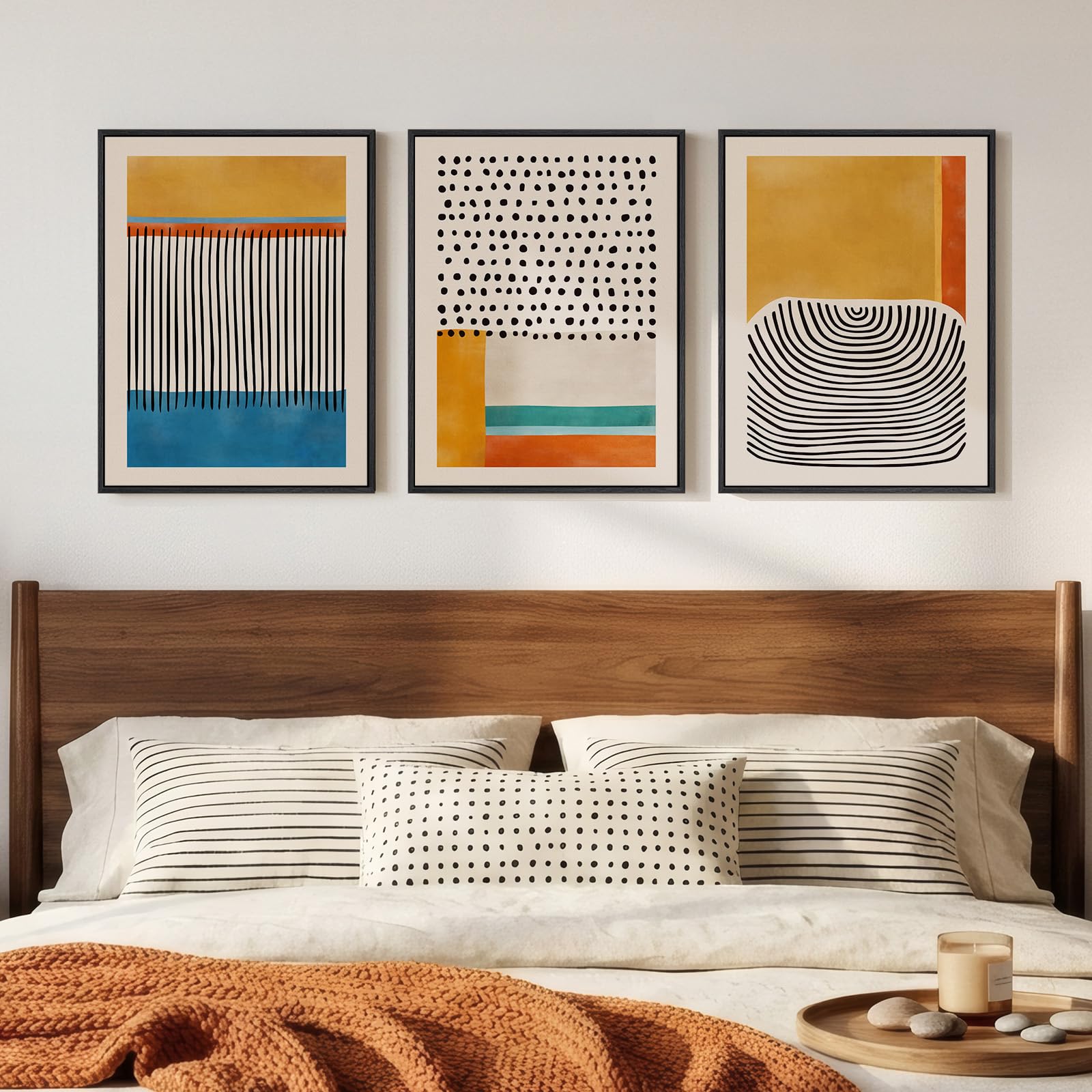 Framed Colorful Abstract Wall Art for Living Room, 3 Piece Mid Century Modern Canvas Paintings Prints Artwork for Walls, Large Modern Triptych Pictures Wall Decor for Bedroom Home Office, 16x24 Inch