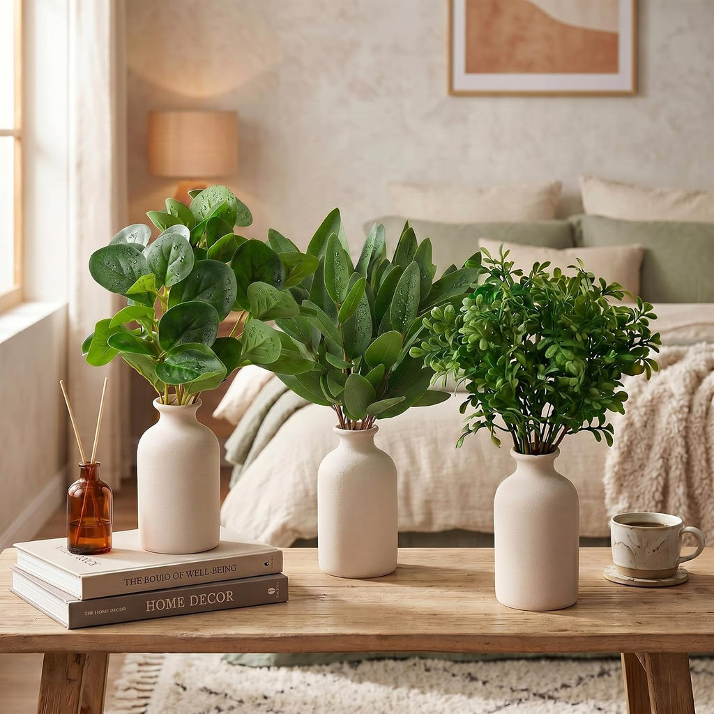 3 Set Ceramic Vase with Greenery 16" Artificial Eucalyptus in Vase Small Fake Potted Plants Decor for Indoor Farmhouse Centerpieces Office Desk Decor Plants in Pots for Bathroom Bedroom Home Shelf
