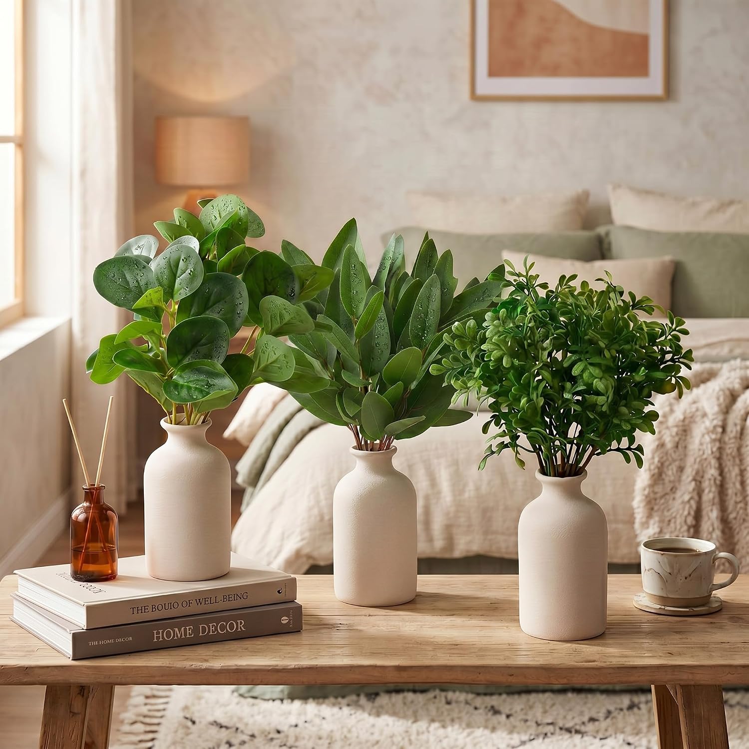 3 Set Ceramic Vase with Greenery 16" Artificial Eucalyptus in Vase Small Fake Potted Plants Decor for Indoor Farmhouse Centerpieces Office Desk Decor Plants in Pots for Bathroom Bedroom Home Shelf