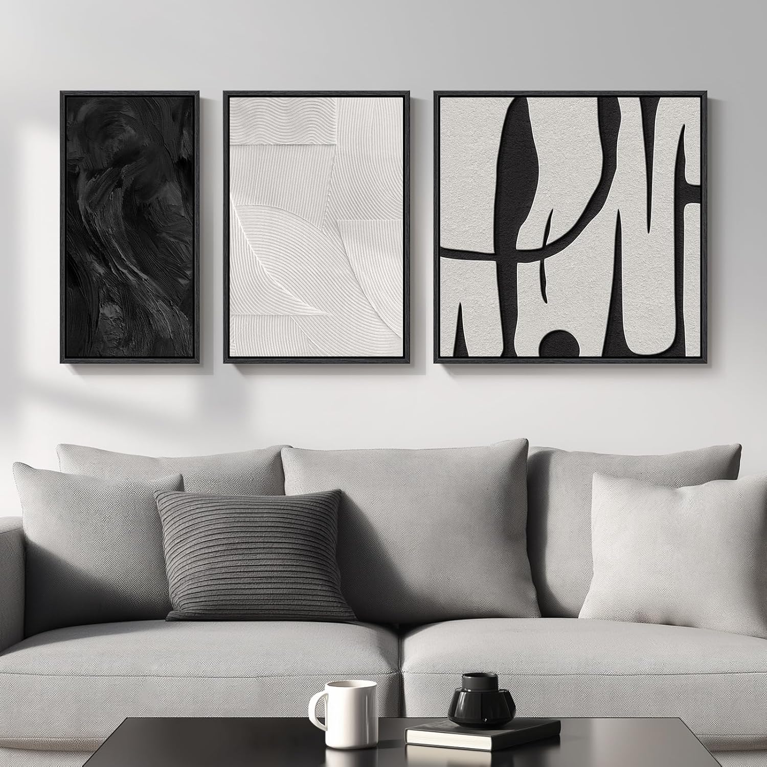 Framed Black and White Abstract Wall Art for Living Room, 3 Piece Canvas Prints Paintings Artwork for Walls, Modern Minimalist Abstract Pictures for Bedroom, Dining Room, Office Wall Decor