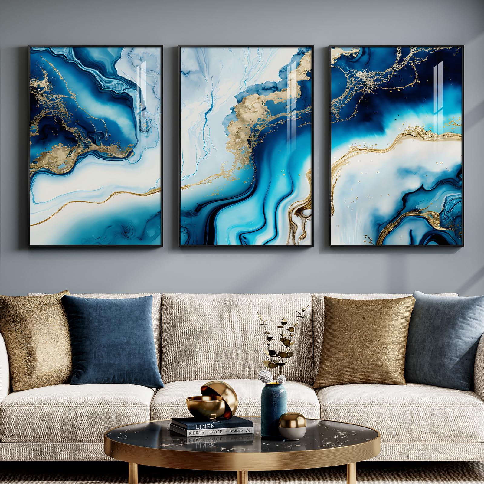Large Framed Blue and Neutral Abstract Wall Art for Living Room, 3 Piece Modern Canvas Prints Paintings Artwork for Walls, Minimalist Pictures for Bedroom Dining Room Hallway Wall Decor 24x36 Inch