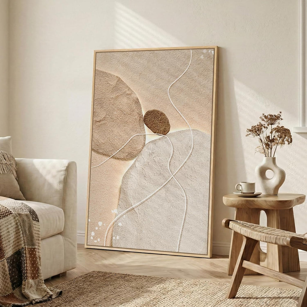 Large Framed Neutral Abstract Wall Art, Modern Beige Brown Canvas Prints Paintings, Minimalist Stone Shape Line Pictures Artwork Decor for Living Room Dining Bedroom Entryway 24x36 Inch