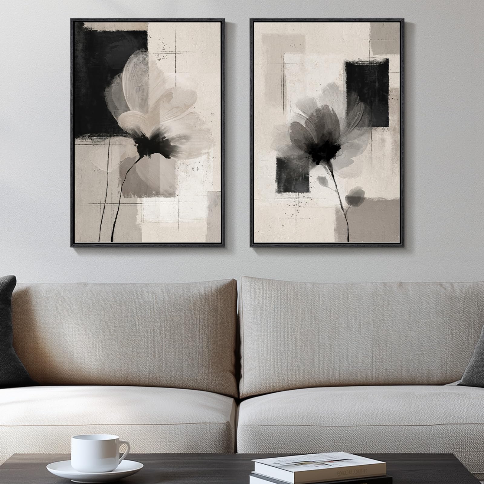 Large Framed Neutral Abstract Wall Art, 2 Piece Modern Canvas Prints Paintings, Beige Gold Abstract Pictures for Living Room Hallway Dining Room Bedroom Office Wall Decor 24x36 In