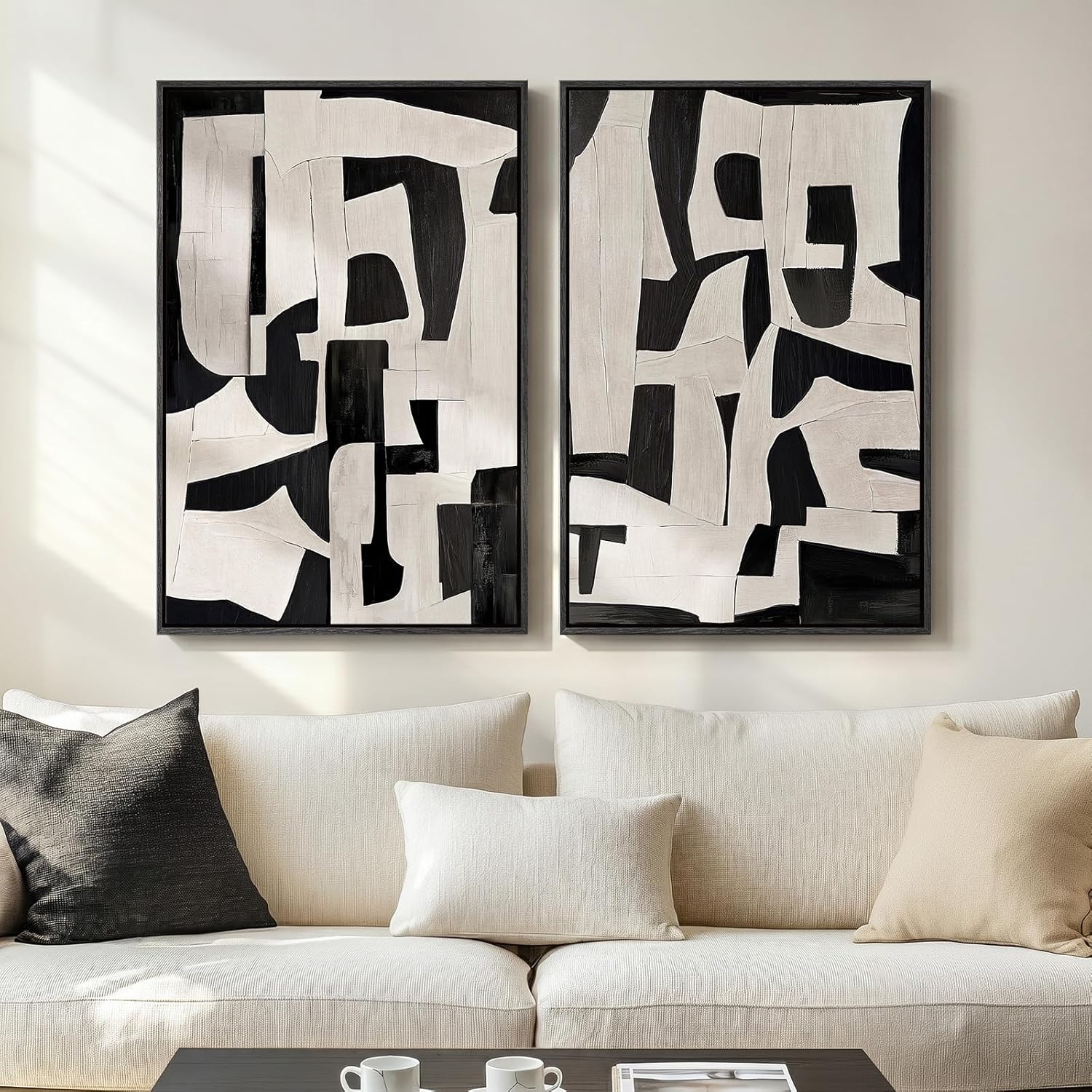 24x36 Inch 2-Piece Framed Black Beige Abstract Canvas Prints, Minimalist Black White Wall Art Decor for Living Room, Dining, Hallway & Bedroom