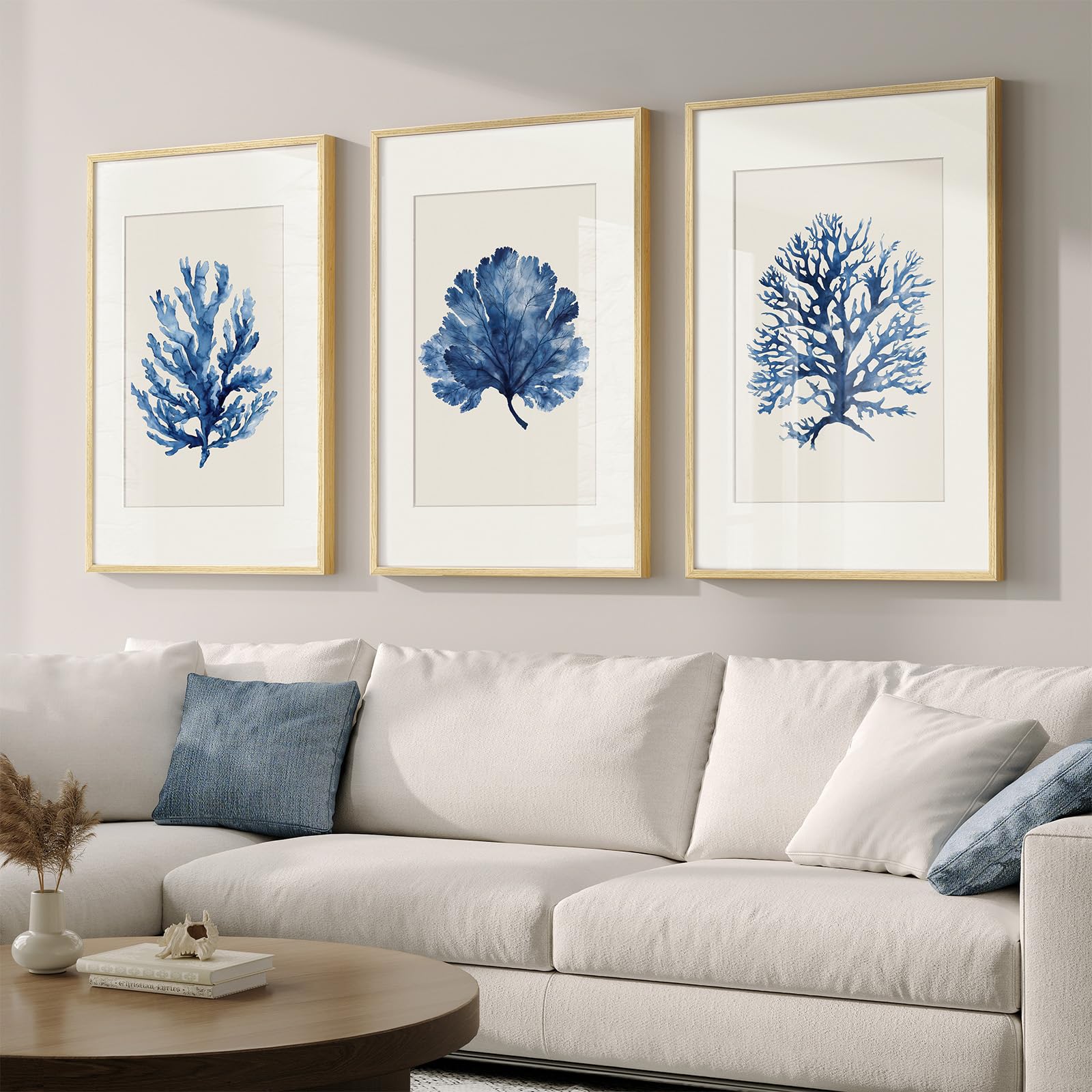 Framed Abstract Coastal Wall Art for Living Room, Large Blue Coastal Landscape Decor, 3 Piece Minimalist Beach Ocean Painting Artwork for Walls, Canvas Prints for Bedroom Hallway Wall Decor, 24x36 In