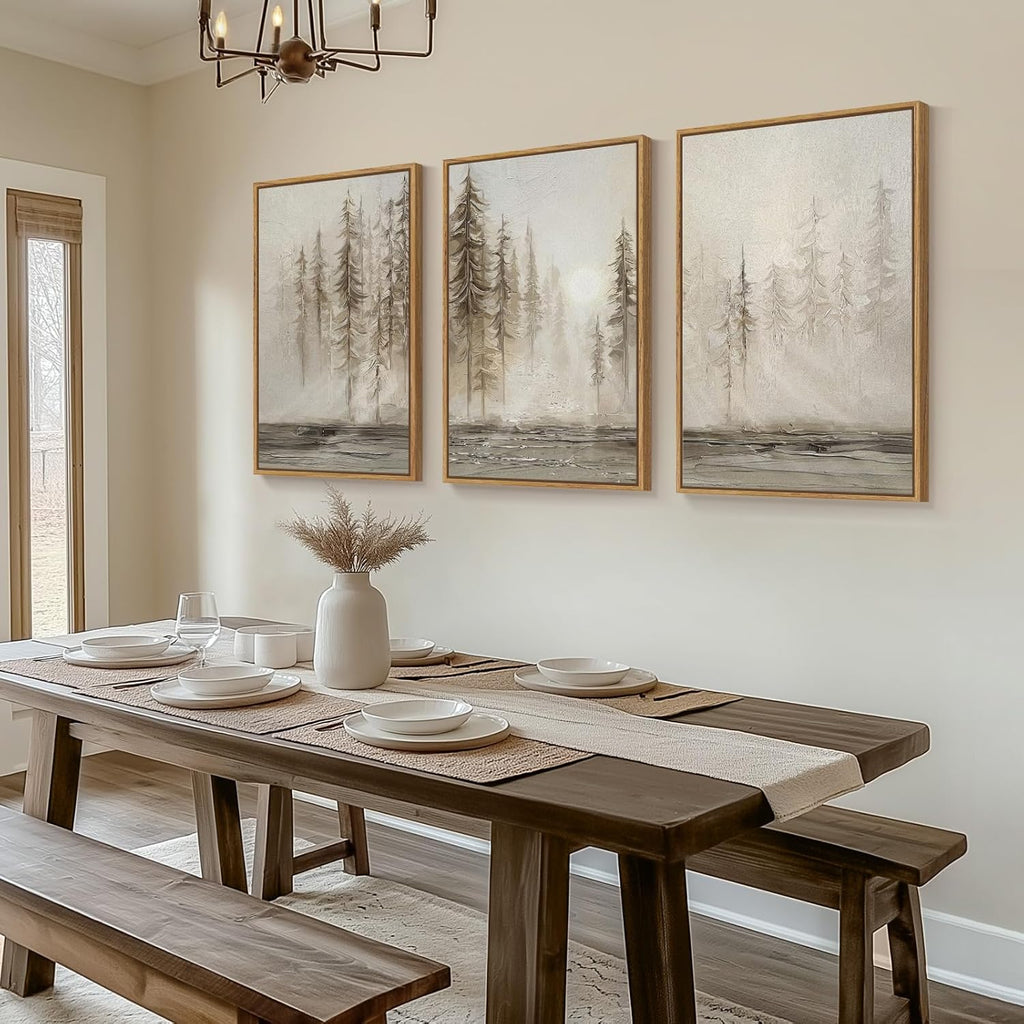 Large Framed Neutral Abstract Landscape Set of 3 Living Room Wall Art, Modern Misty Pine Forest Canvas Artwork for Walls, Beige Rustic Farmhouse Nature Wall Decor for Bedroom Hallway Office, 24x36 In