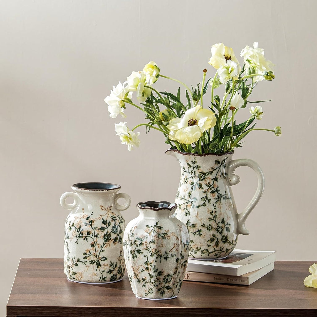 Ceramic Flower Vases Set of 3 | Green Rustic Farmhouse Vase Set for Home Decor, Vintage Floral Decorative Vase for Living Room & Kitchen, Mantel & Bookshelf, Centerpieces, Entryway(5.7+5.9+7.1Inch)