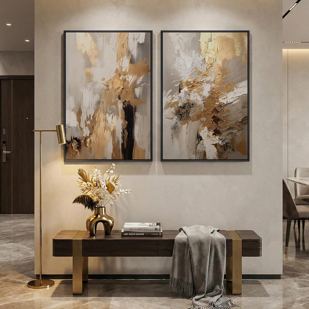 Large Framed Neutral Abstract Wall Art, 2 Piece Modern Canvas Prints Paintings, Beige Gold Abstract Pictures for Living Room Hallway Dining Room Bedroom Office Wall Decor 24x36 In