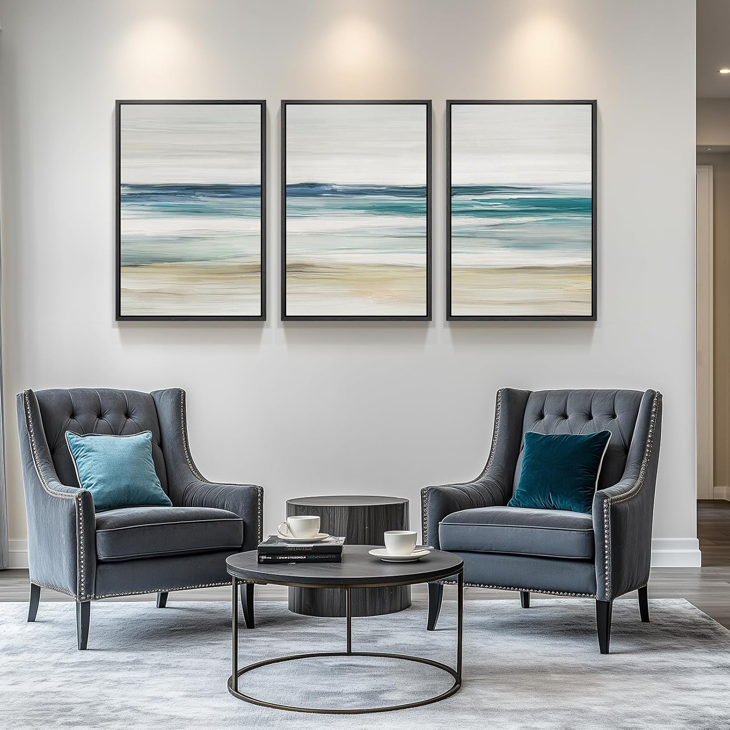 Framed Abstract Coastal Wall Art for Living Room, Large Blue Coastal Landscape Decor, 3 Piece Minimalist Beach Ocean Painting Artwork for Walls, Canvas Prints for Bedroom Hallway Wall Decor, 24x36 In