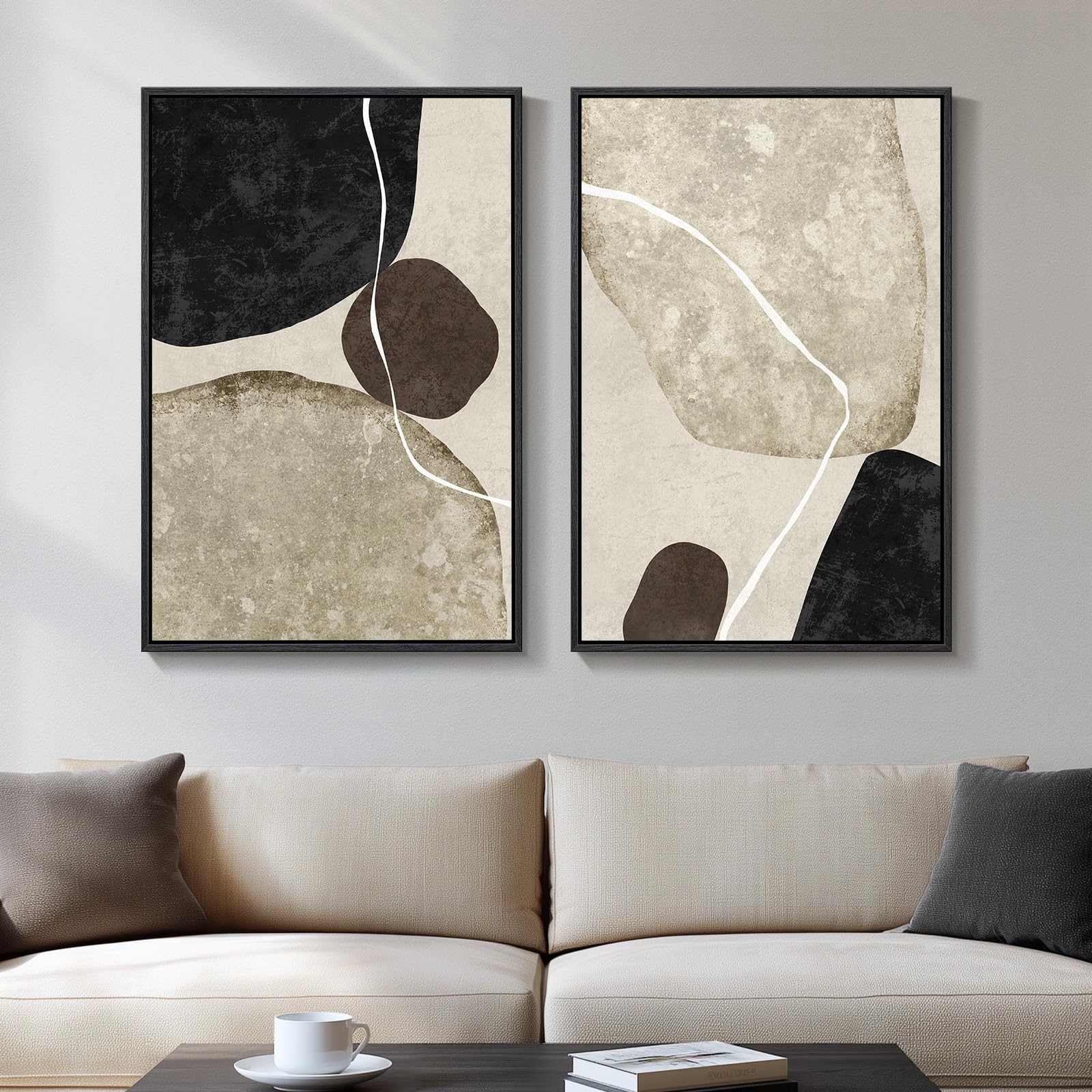Large Framed Neutral Abstract Wall Art, 2 Piece Modern Canvas Prints Paintings, Beige Gold Abstract Pictures for Living Room Hallway Dining Room Bedroom Office Wall Decor 24x36 In