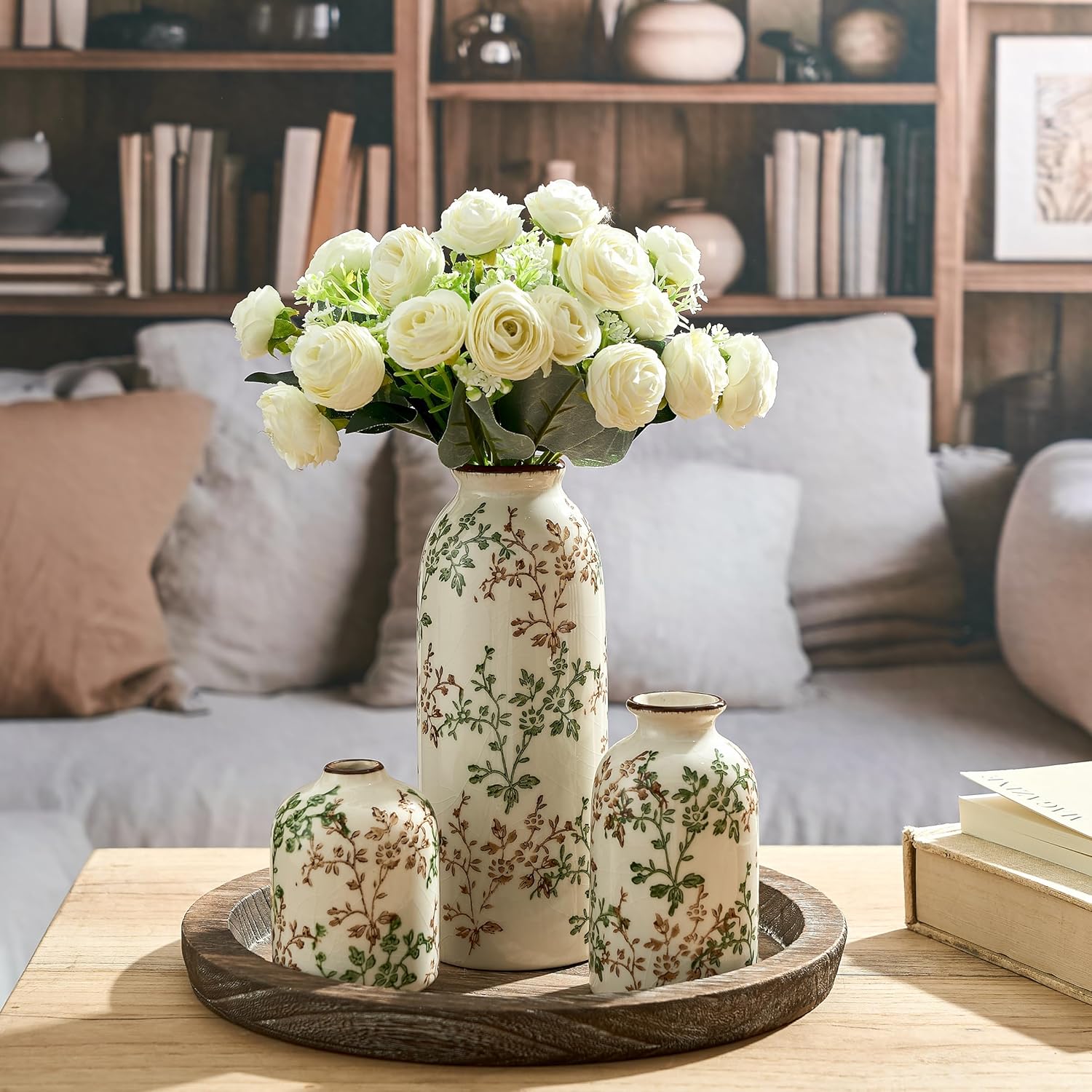 Green and Beige Antique Vase Set of 3, Vintage Chinoiserie Floral Vase, Rustic Ceramic Vase for Home Decor, Living Room, Bookshelf, Office, Entryway, Garden, Chinoiserie Decor, Tuscan Decor