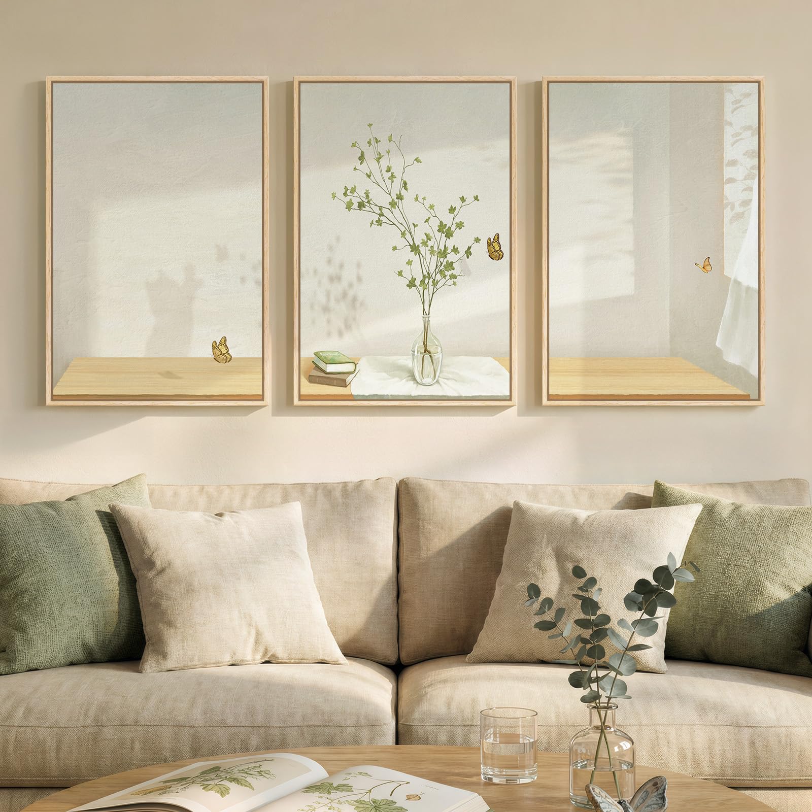 Framed Abstract Sage Green 3 Piece Wall Art for Living Room, Modern Neutral Waves Botanical Canvas Artwork for Walls, Minimalist Wabi Sabi Rustic Nature Print Wall Decor for Bedroom Office, 16x24 Inch