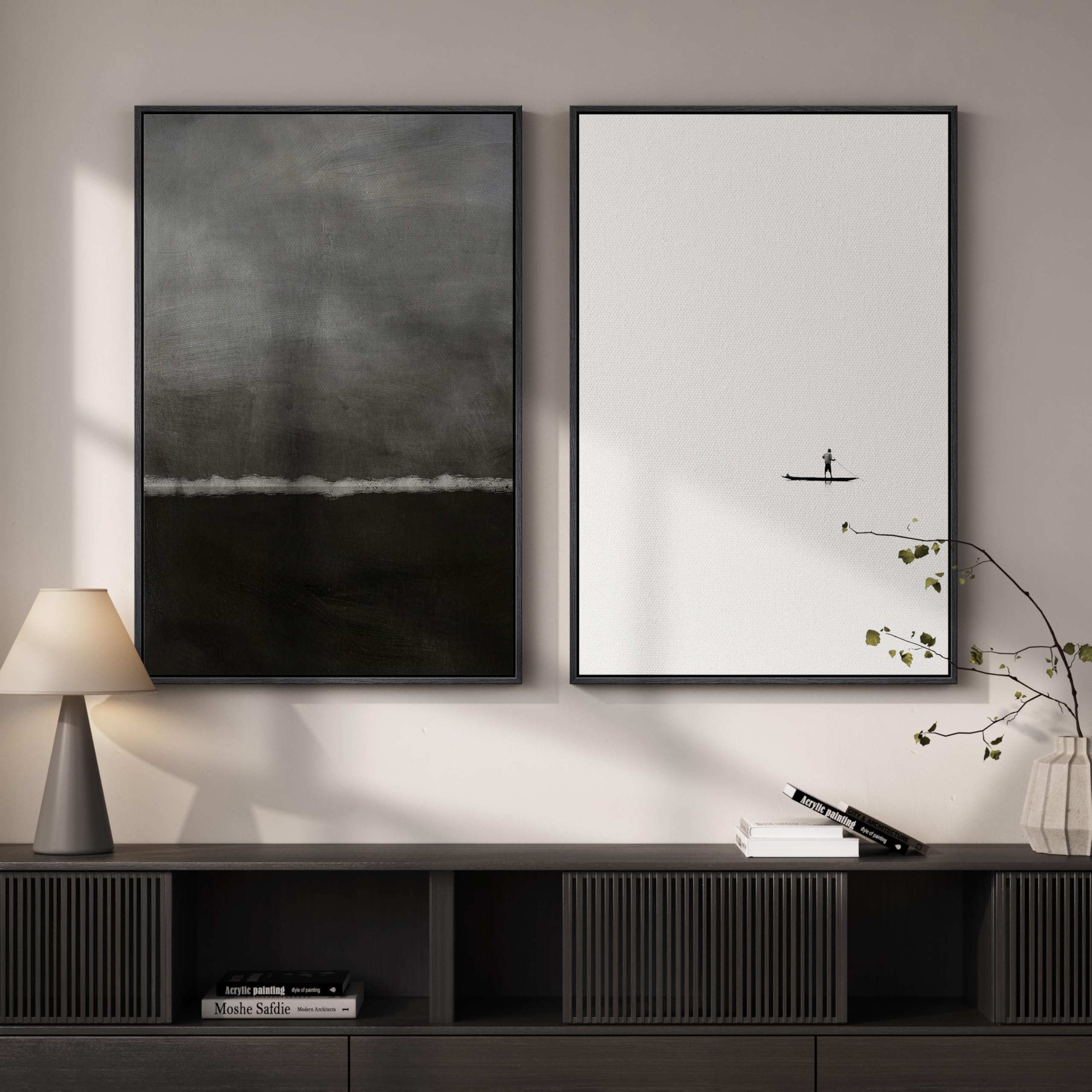 Large Framed Neutral Abstract Wall Art, 2 Piece Modern Canvas Prints Paintings, Beige Gold Abstract Pictures for Living Room Hallway Dining Room Bedroom Office Wall Decor 24x36 In