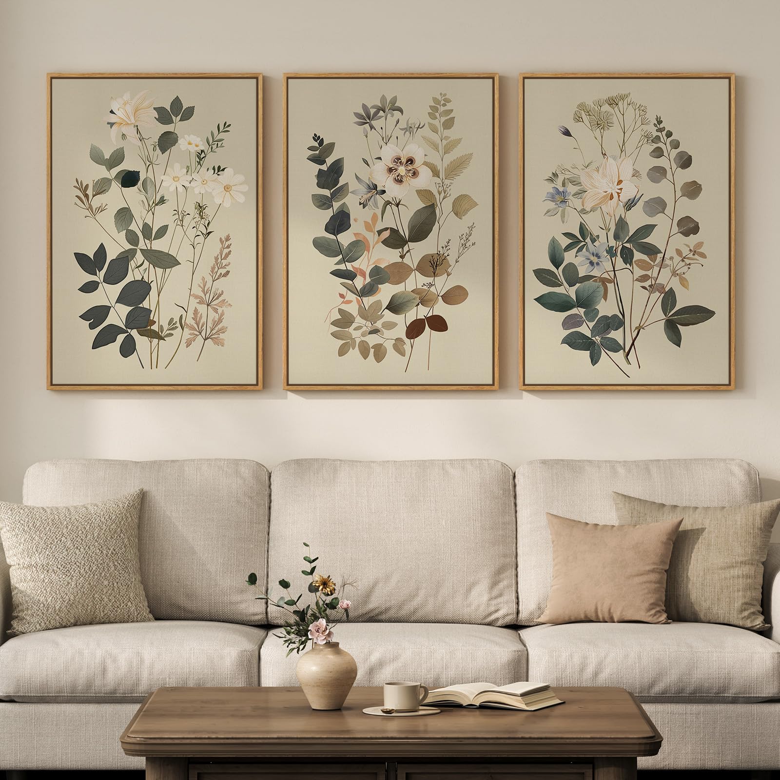 Framed Abstract Sage Green 3 Piece Wall Art for Living Room, Modern Neutral Waves Botanical Canvas Artwork for Walls, Minimalist Wabi Sabi Rustic Nature Print Wall Decor for Bedroom Office, 16x24 Inch