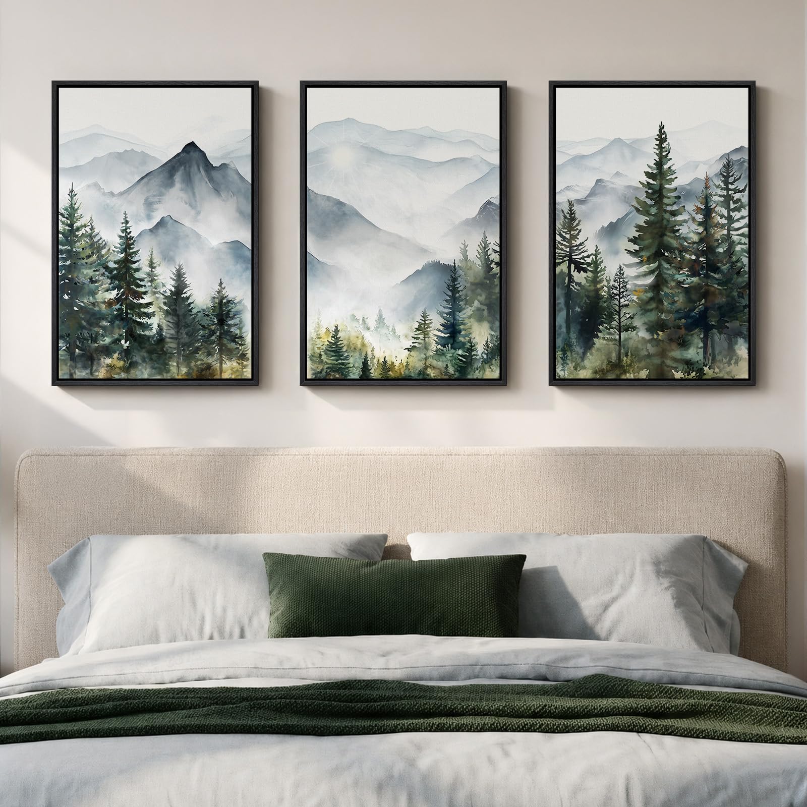 Large Framed Neutral Abstract Landscape Set of 3 Living Room Wall Art, Modern Misty Pine Forest Canvas Artwork for Walls, Beige Rustic Farmhouse Nature Wall Decor for Bedroom Hallway Office, 24x36 In