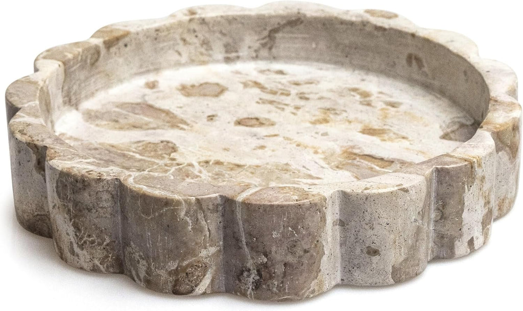 Beige Scalloped Marble Tray - 8 Inch Round Stone Vanity Tray for Perfume & Jewelry, Marble Dish for Bathroom Countertop & Kitchen Counter, Brown Decorative Tray for Bathroom & Kitchen, Modern Catchall