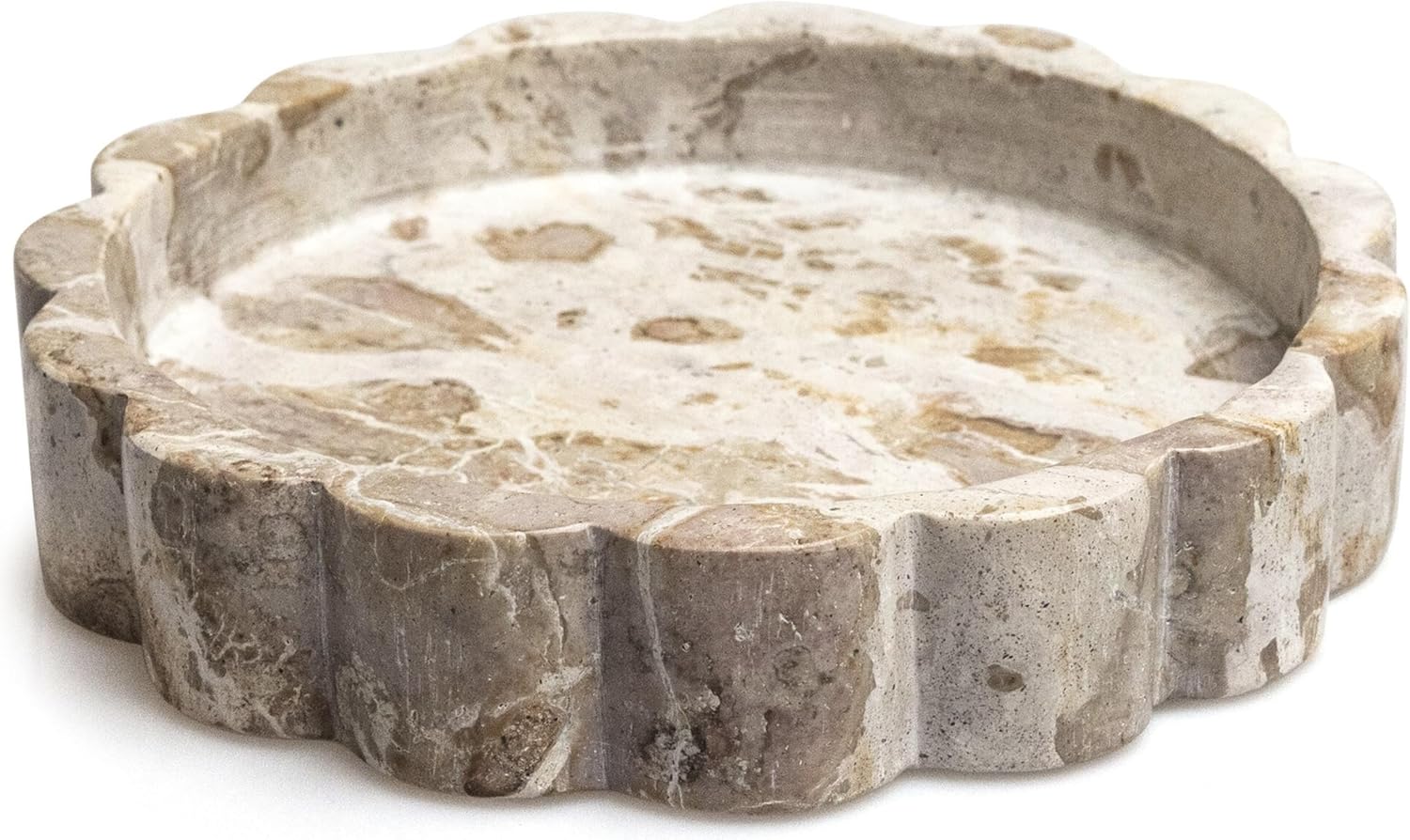 Beige Scalloped Marble Tray - 8 Inch Round Stone Vanity Tray for Perfume & Jewelry, Marble Dish for Bathroom Countertop & Kitchen Counter, Brown Decorative Tray for Bathroom & Kitchen, Modern Catchall