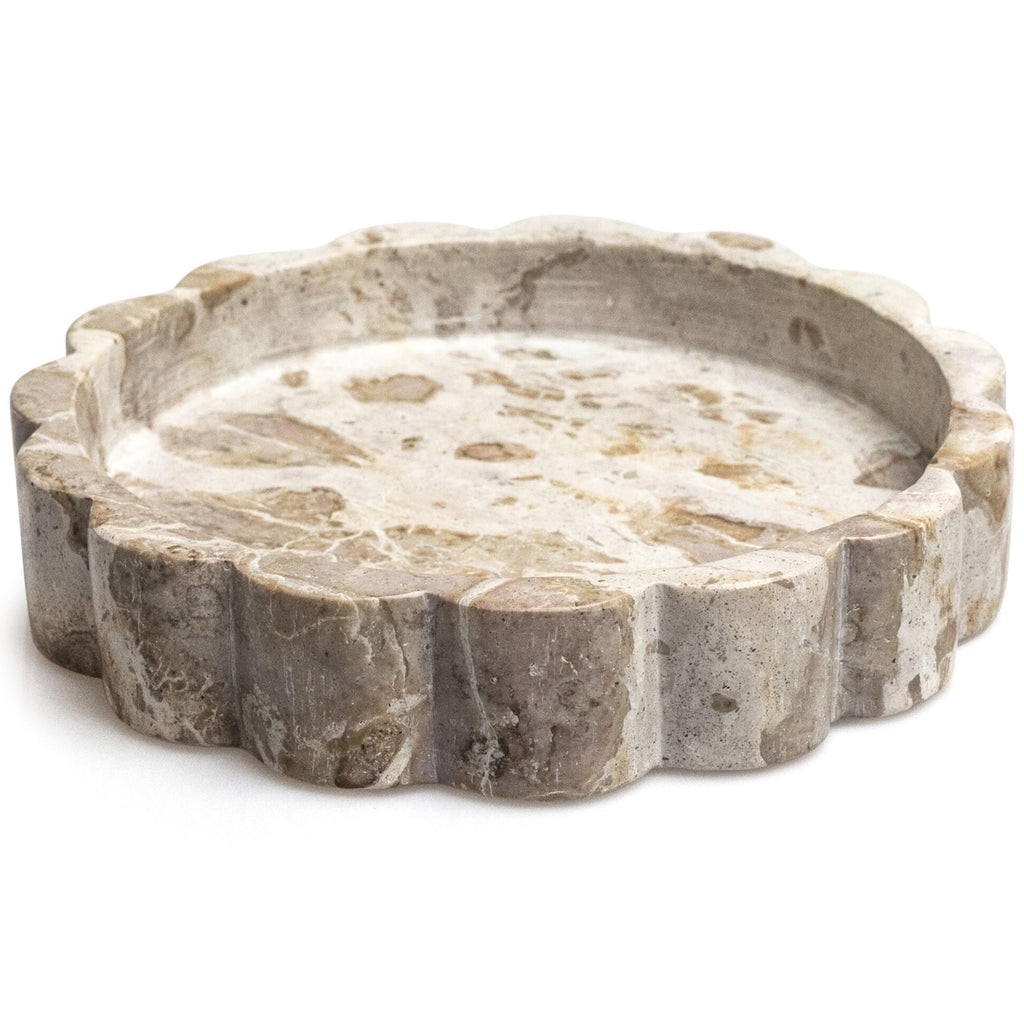 Beige Scalloped Marble Tray - 8 Inch Round Stone Vanity Tray for Perfume & Jewelry, Marble Dish for Bathroom Countertop & Kitchen Counter, Brown Decorative Tray for Bathroom & Kitchen, Modern Catchall