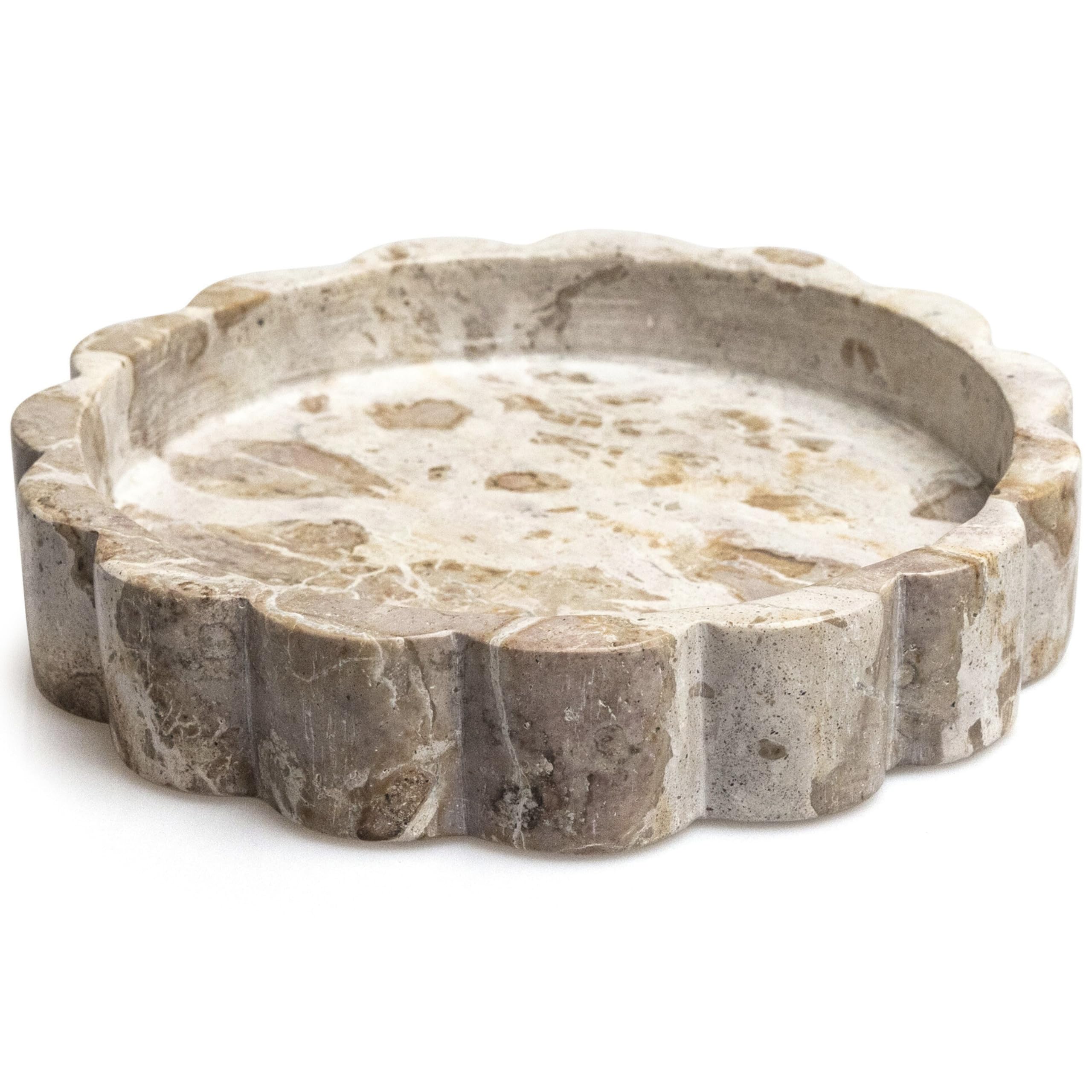 Beige Scalloped Marble Tray - 8 Inch Round Stone Vanity Tray for Perfume & Jewelry, Marble Dish for Bathroom Countertop & Kitchen Counter, Brown Decorative Tray for Bathroom & Kitchen, Modern Catchall