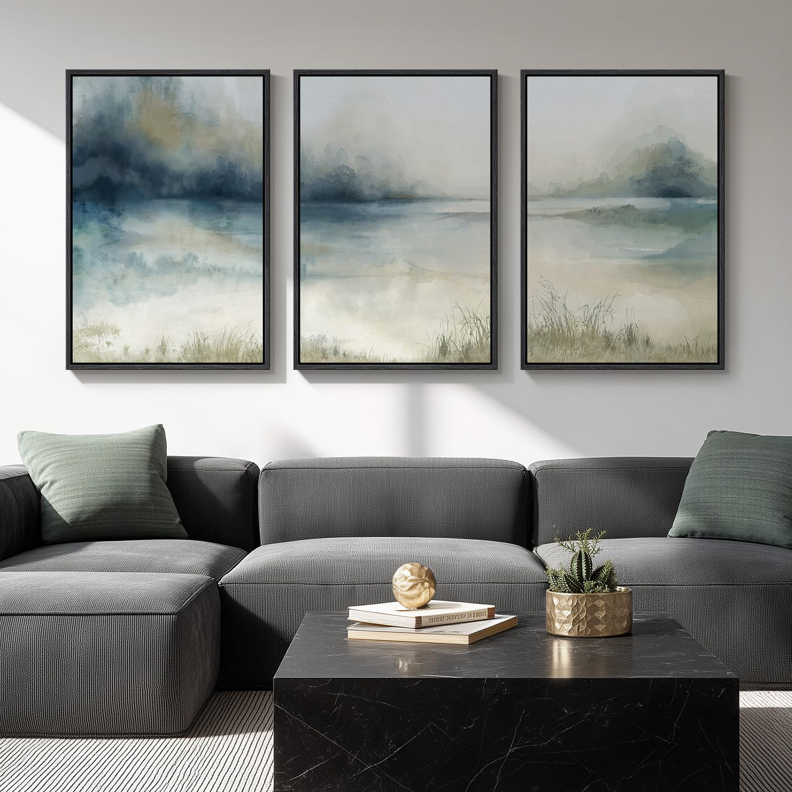 Large Framed Blue and Neutral Abstract Wall Art for Living Room, 3 Piece Modern Canvas Prints Paintings Artwork for Walls, Minimalist Pictures for Bedroom Dining Room Hallway Wall Decor 24x36 Inch