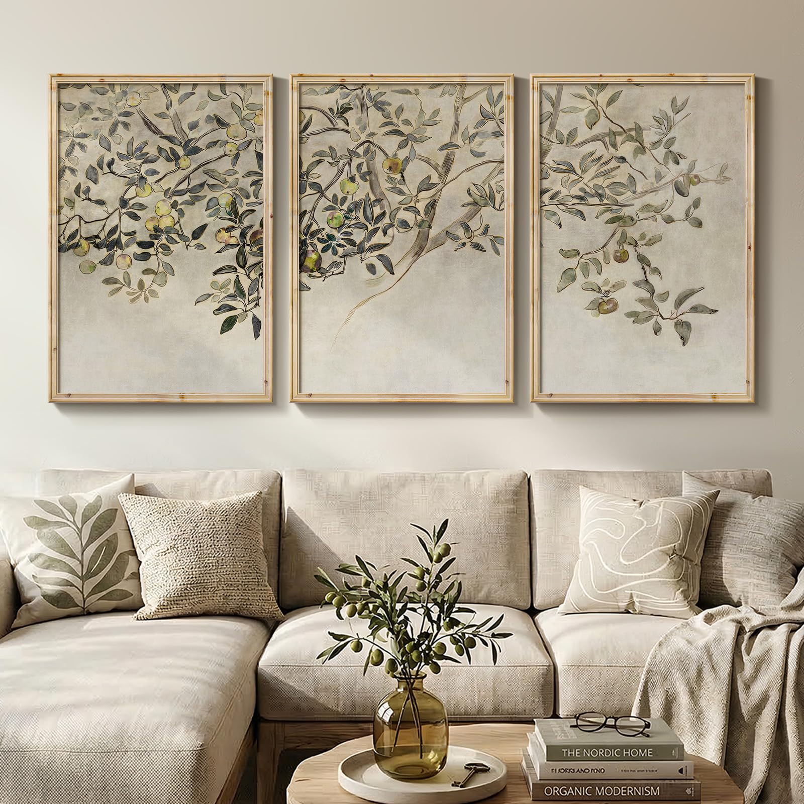 Framed Abstract Sage Green 3 Piece Wall Art for Living Room, Modern Neutral Waves Botanical Canvas Artwork for Walls, Minimalist Wabi Sabi Rustic Nature Print Wall Decor for Bedroom Office, 16x24 Inch