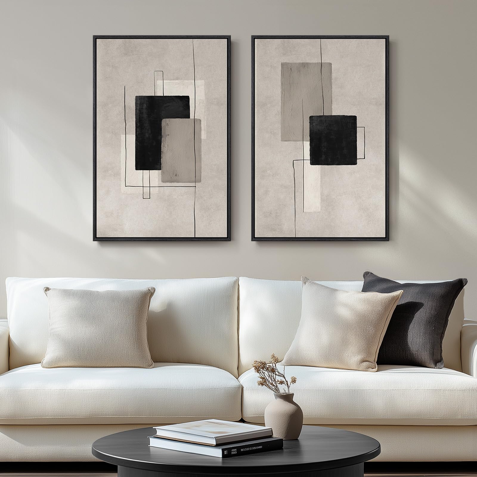 24x36 Inch 2-Piece Framed Black Beige Abstract Canvas Prints, Minimalist Black White Wall Art Decor for Living Room, Dining, Hallway & Bedroom