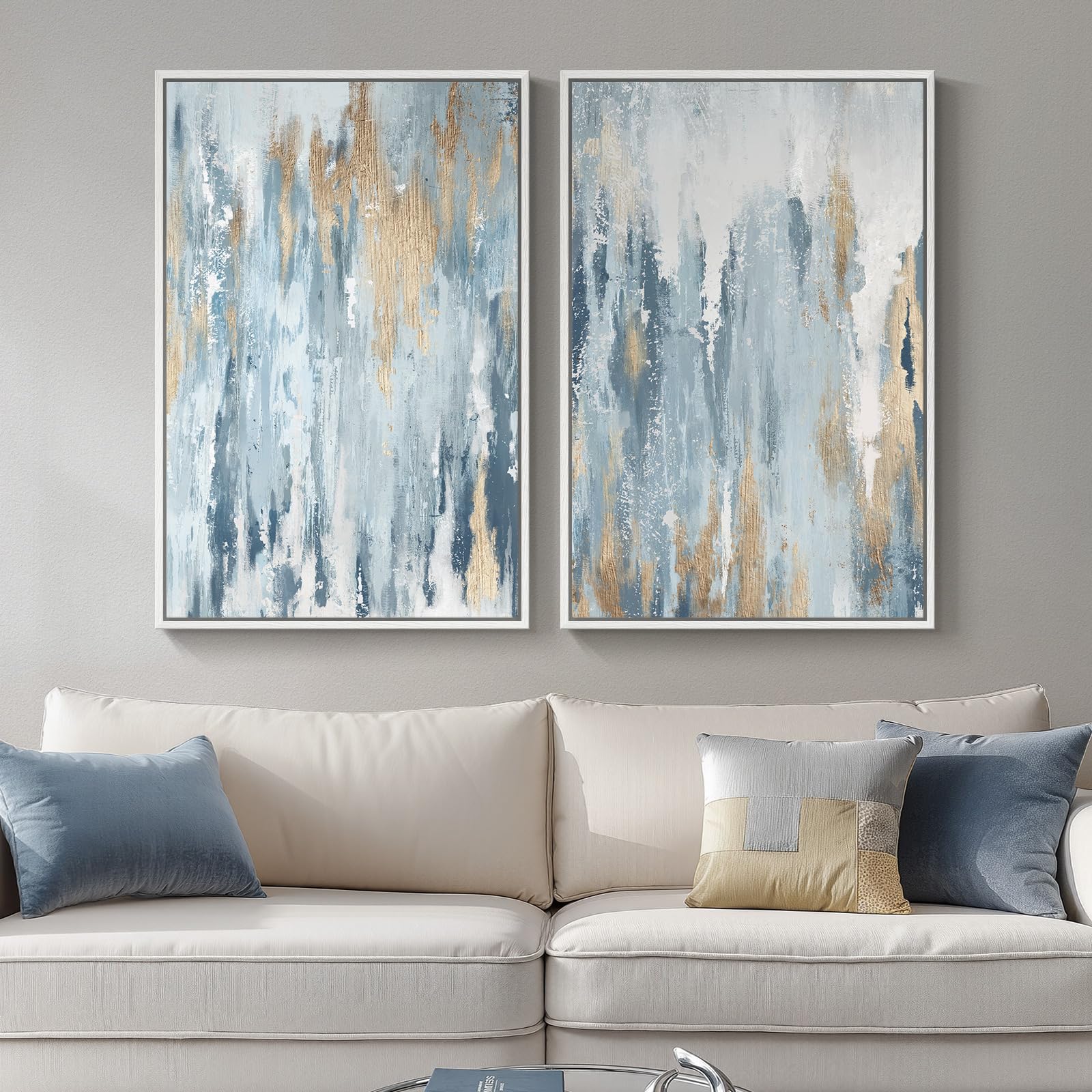 Large Framed Neutral Abstract Wall Art, 2 Piece Modern Canvas Prints Paintings, Beige Gold Abstract Pictures for Living Room Hallway Dining Room Bedroom Office Wall Decor 24x36 In