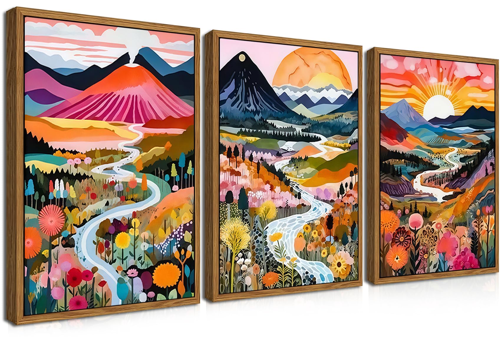 Framed Colorful Floral Wall Art Set of 3, Abstract Scandinavian Flower Canvas Wall Decor Paintings, Mid Century Modern Botanical Artwork Pictures Prints for Living Room Bedroom Dining Room 16x24 Inch