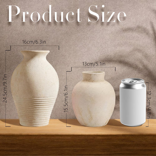 2 Pcs Rustic Farmhouse Vase Terracotta Clay Vase White Pottery Decorative Flower Pot Vintage Decor for Table, Living Room, Shelf, Mantel Decoration