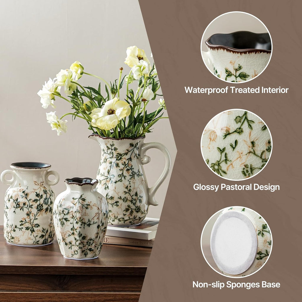 Ceramic Flower Vases Set of 3 | Green Rustic Farmhouse Vase Set for Home Decor, Vintage Floral Decorative Vase for Living Room & Kitchen, Mantel & Bookshelf, Centerpieces, Entryway(5.7+5.9+7.1Inch)