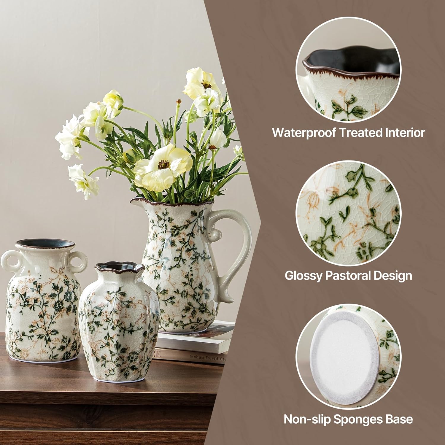Ceramic Flower Vases Set of 3 | Green Rustic Farmhouse Vase Set for Home Decor, Vintage Floral Decorative Vase for Living Room & Kitchen, Mantel & Bookshelf, Centerpieces, Entryway(5.7+5.9+7.1Inch)