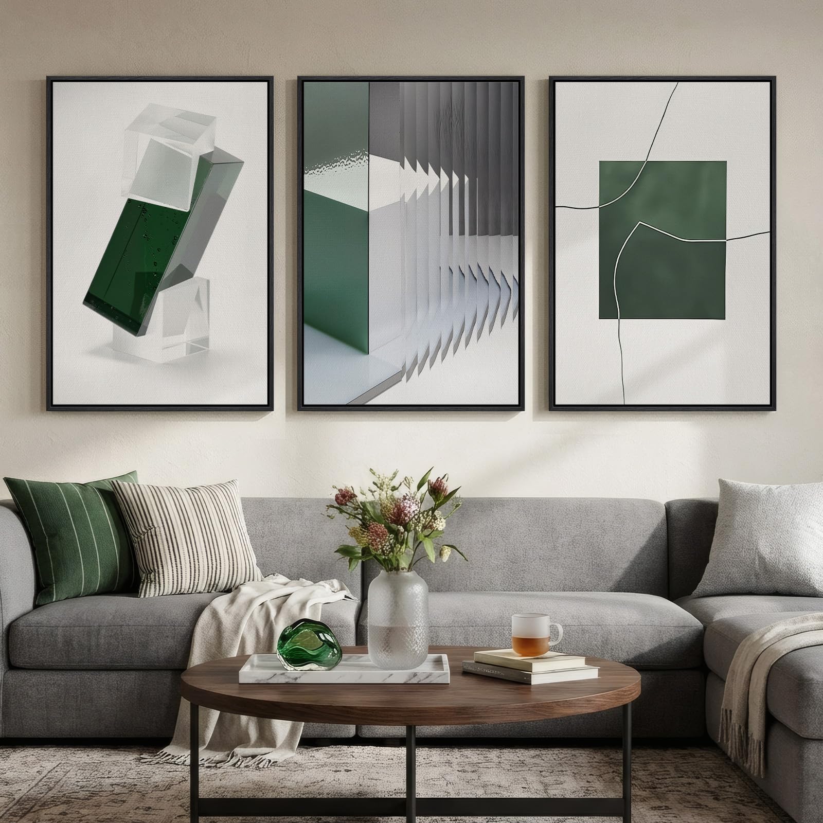 Large Framed Blue and Neutral Abstract Wall Art for Living Room, 3 Piece Modern Canvas Prints Paintings Artwork for Walls, Minimalist Pictures for Bedroom Dining Room Hallway Wall Decor 24x36 Inch