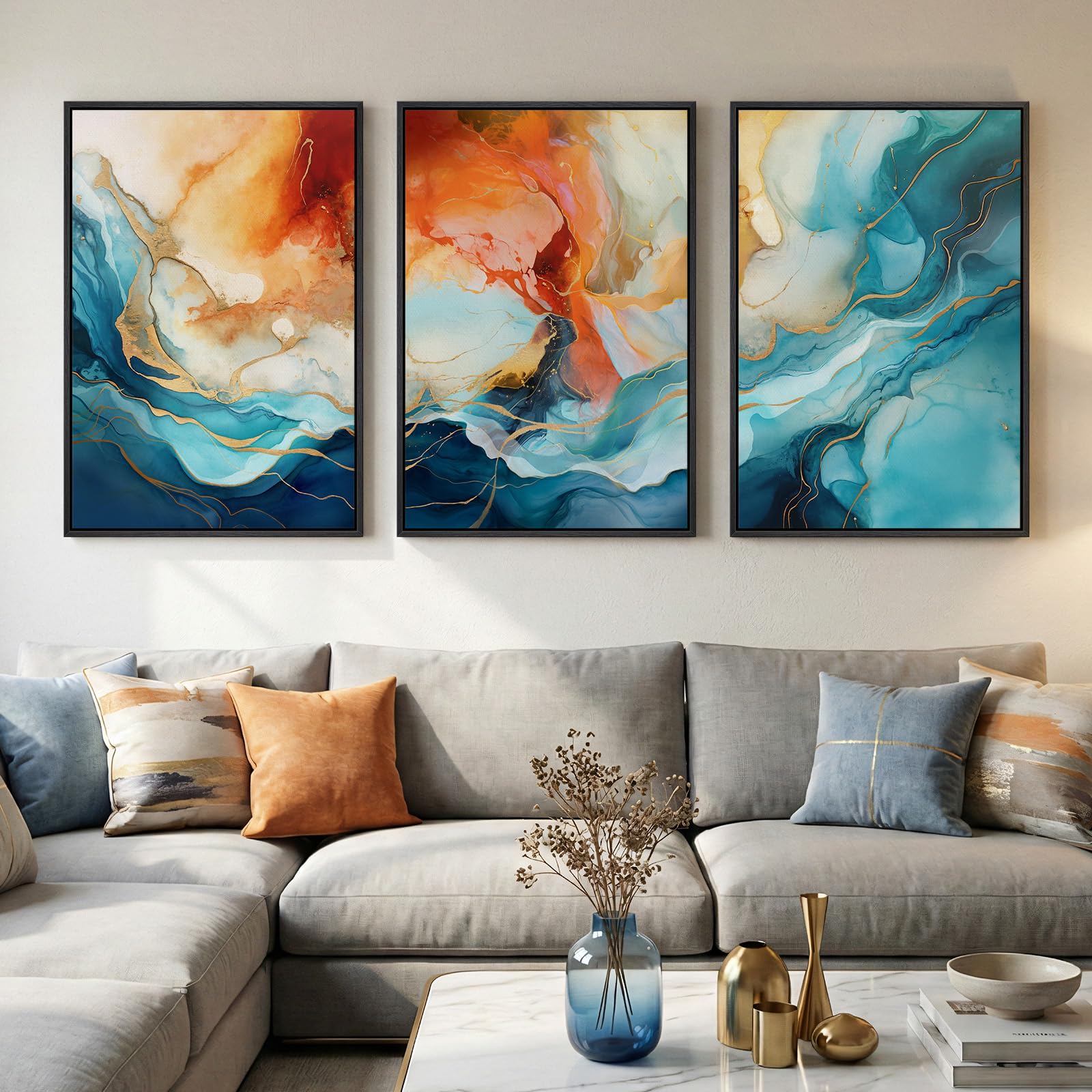 Large Framed Blue and Neutral Abstract Wall Art for Living Room, 3 Piece Modern Canvas Prints Paintings Artwork for Walls, Minimalist Pictures for Bedroom Dining Room Hallway Wall Decor 24x36 Inch