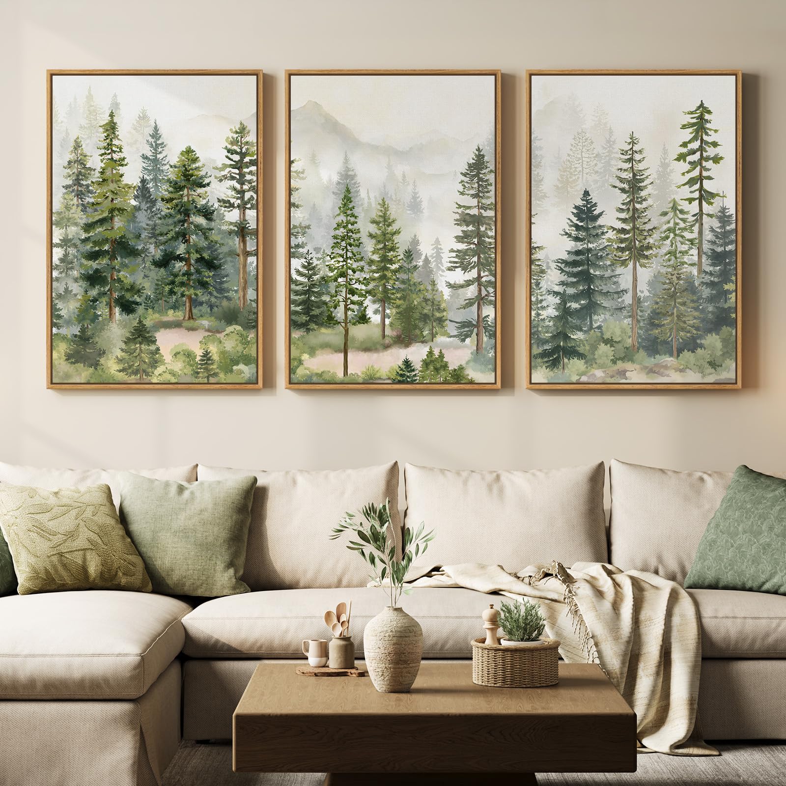 Large Framed Neutral Abstract Landscape Set of 3 Living Room Wall Art, Modern Misty Pine Forest Canvas Artwork for Walls, Beige Rustic Farmhouse Nature Wall Decor for Bedroom Hallway Office, 24x36 In