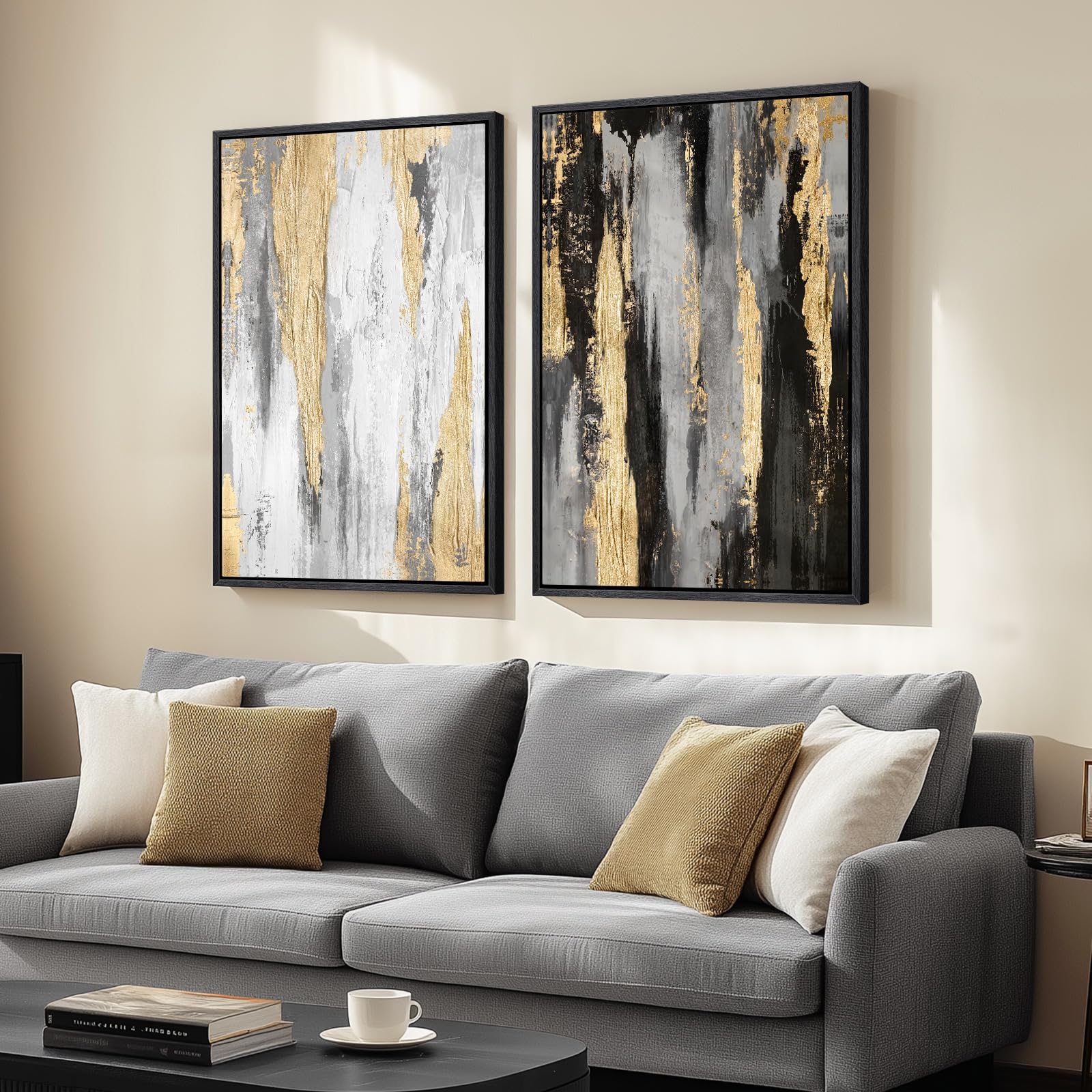 24x36 Inch 2-Piece Framed Black Beige Abstract Canvas Prints, Minimalist Black White Wall Art Decor for Living Room, Dining, Hallway & Bedroom