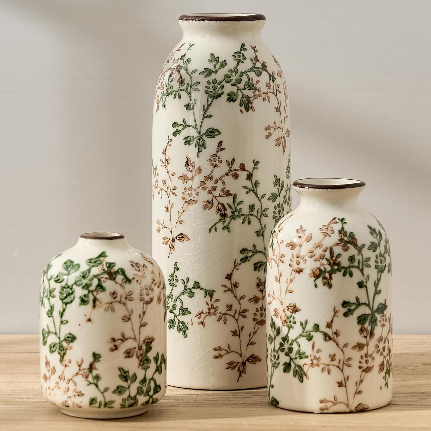Green and Beige Antique Vase Set of 3, Vintage Chinoiserie Floral Vase, Rustic Ceramic Vase for Home Decor, Living Room, Bookshelf, Office, Entryway, Garden, Chinoiserie Decor, Tuscan Decor