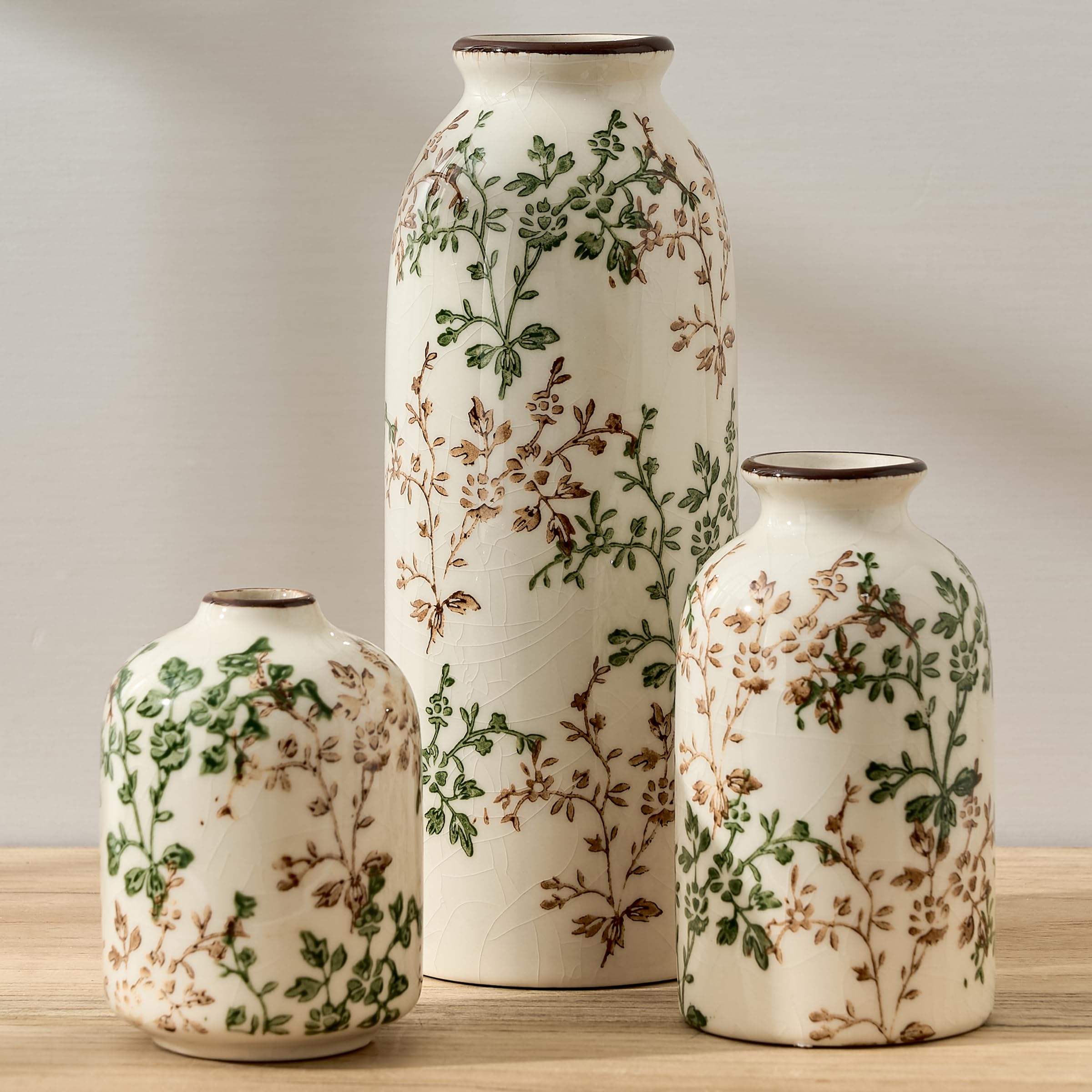 Ceramic Vase Set of 3, Decorative Terracotta Farmhouse Rustic Vases for Living Room Kitchen Bedroom Bathroom Entryway Mantel Table, Pottery Home Decor for Bouquet Pampas Grass Dried Fresh Flowers