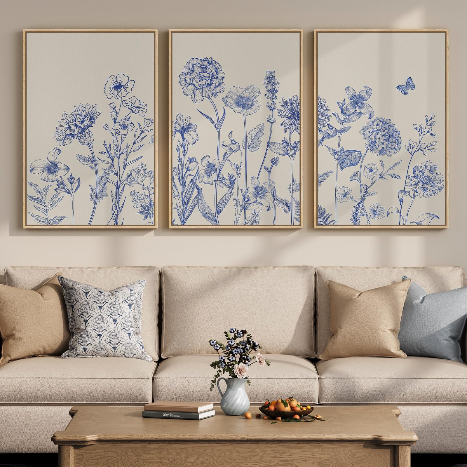 Framed Abstract Sage Green 3 Piece Wall Art for Living Room, Modern Neutral Waves Botanical Canvas Artwork for Walls, Minimalist Wabi Sabi Rustic Nature Print Wall Decor for Bedroom Office, 16x24 Inch