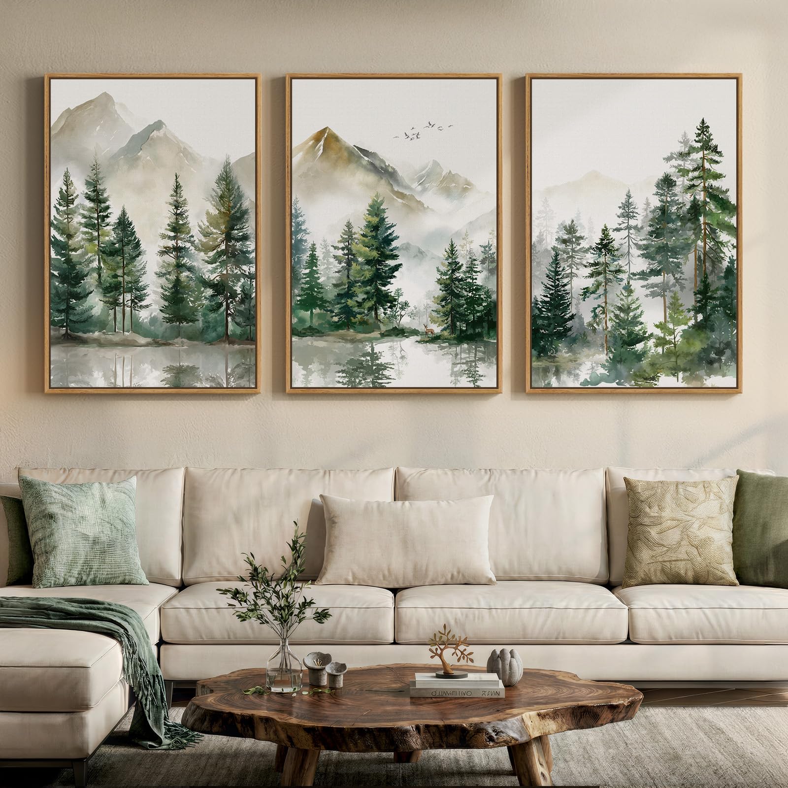 Large Framed Neutral Abstract Landscape Set of 3 Living Room Wall Art, Modern Misty Pine Forest Canvas Artwork for Walls, Beige Rustic Farmhouse Nature Wall Decor for Bedroom Hallway Office, 24x36 In