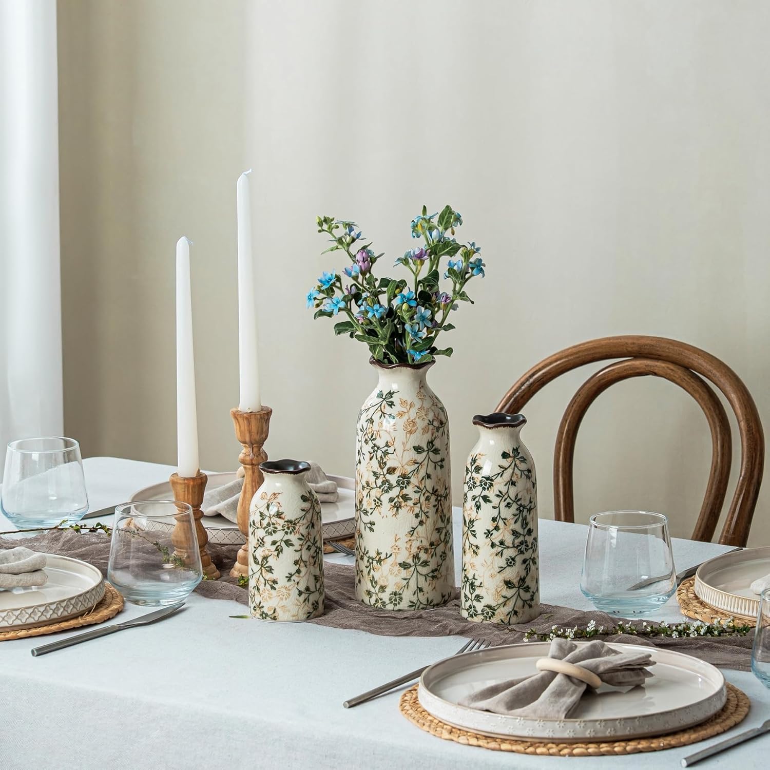 Ceramic Flower Vases Set of 3 | Green Rustic Farmhouse Vase Set for Home Decor, Vintage Floral Decorative Vase for Living Room & Kitchen, Mantel & Bookshelf, Centerpieces, Entryway(5.9+7.9+9.9Inch)