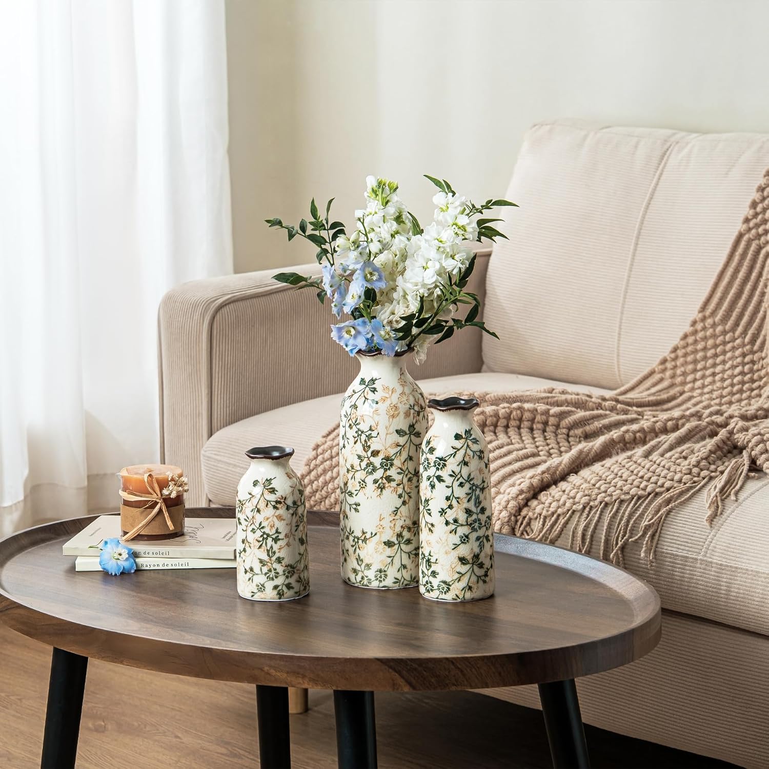 Ceramic Flower Vases Set of 3 | Green Rustic Farmhouse Vase Set for Home Decor, Vintage Floral Decorative Vase for Living Room & Kitchen, Mantel & Bookshelf, Centerpieces, Entryway(5.9+7.9+9.9Inch)