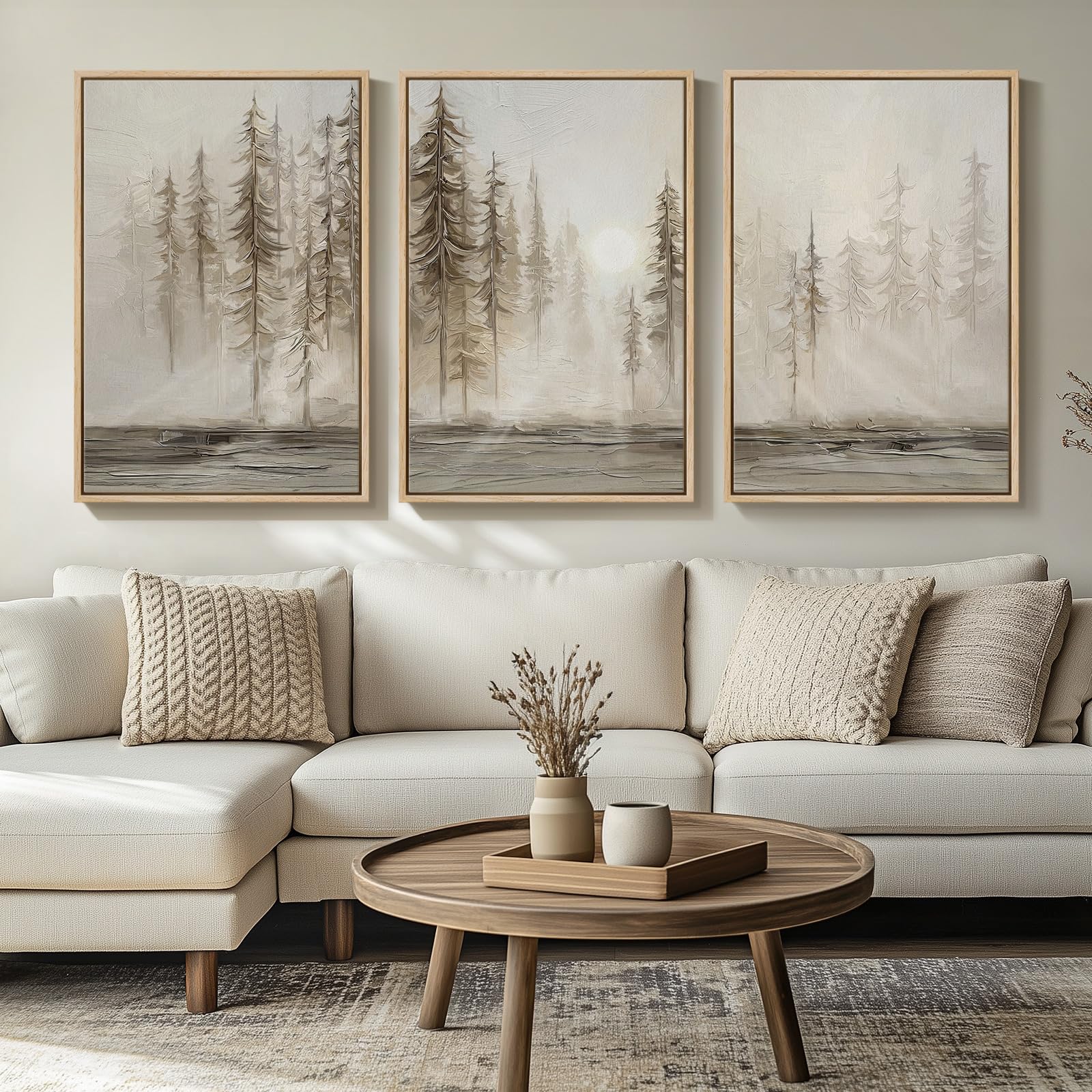 Large Framed Neutral Abstract Landscape Set of 3 Living Room Wall Art, Modern Misty Pine Forest Canvas Artwork for Walls, Beige Rustic Farmhouse Nature Wall Decor for Bedroom Hallway Office, 24x36 In